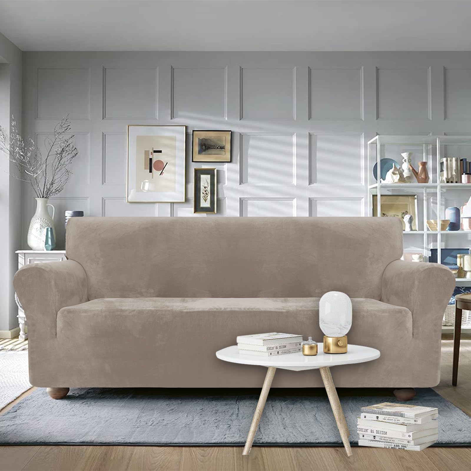 Ystyle Copridivano Velluto, Copripoltrona 3 Posti Con Braccioli, Sofa Cover Antigraffio Gatto, Copri Divano Elasticizzato, Universale Sofa Cover Antimacchia Lavabile Antiscivolo, Cachi
