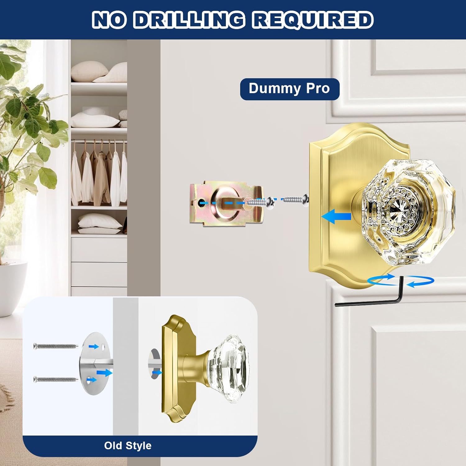 Orger 2 Pack Glass Interior Dummy Door Knobs, Decorative Knobs for Closet/French Doors, Gold Vintage Dummy Door Handles No Drills