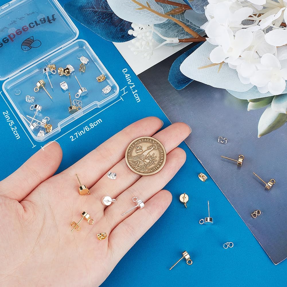 Beebeecraft 20Pcs Flat Round Stud Earrings with Loop 18K Gold & 925 Sterling Silver Plated Earring Posts Findings for Jewelry Making