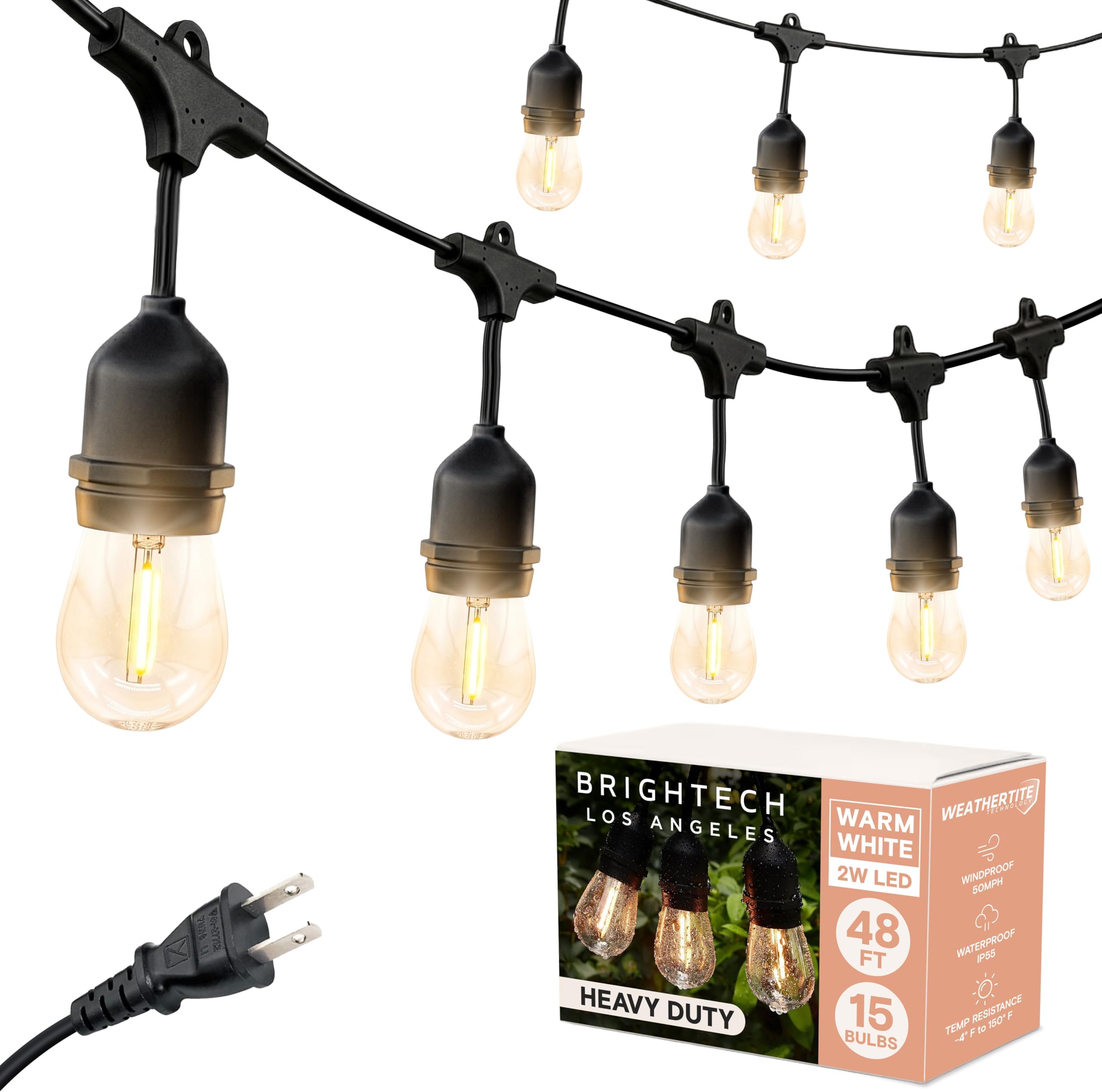 Ambience Pro - Waterproof LED Outdoor String Lights - 15 Hanging, Dimmable 2W Vintage Edison Bulbs - 48 Ft Commercial Grade Patio Lights Create Cafe Ambience in Your Backyard