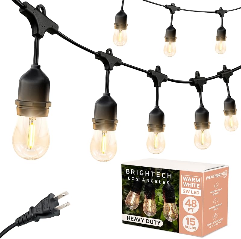 Brightech Ambience Pro – Cadena de luces LED impermeables para exteriores – 15 bombillas Edison vintage colgantes regulables de 2 W – Luces de patio de grado comercial de 48 pies crean un ambiente de cafetería en su patio trasero