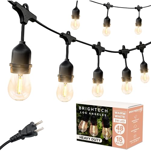 Brightech Ambience Pro - Waterproof LED Outdoor String Lights - 15 Hanging, Dimmable 2W Vintage Edison Bulbs - 48 Ft Commercial Grade Patio Lights Create Cafe Ambience in Your Backyard