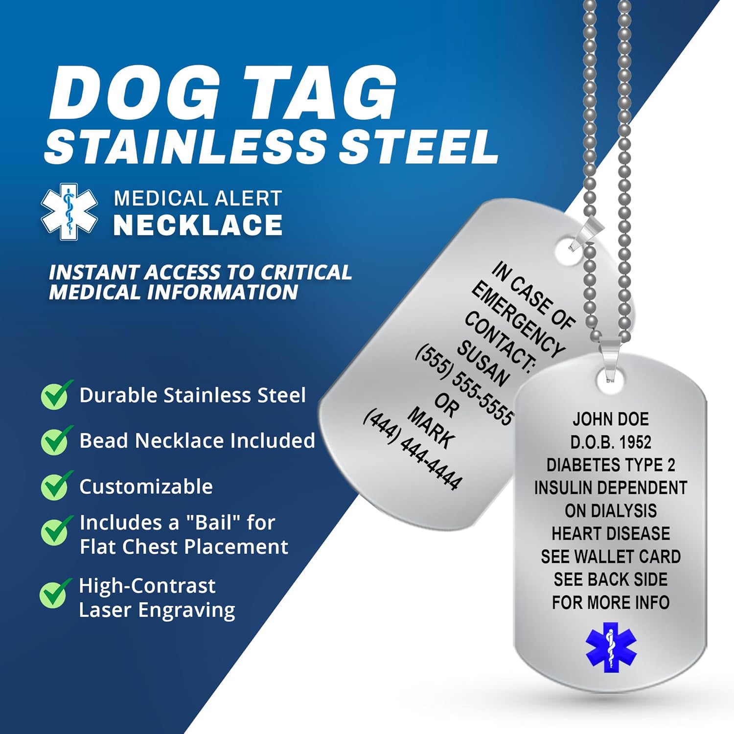 Universal Medical Data Emergency Alert Necklace for Women & Men – Blue Star of Life, Laser Engraved Dog Tag, 18 Lines, Stainless Steel Medical Alert Necklace – Emergency Card & PHR Access – Stainless