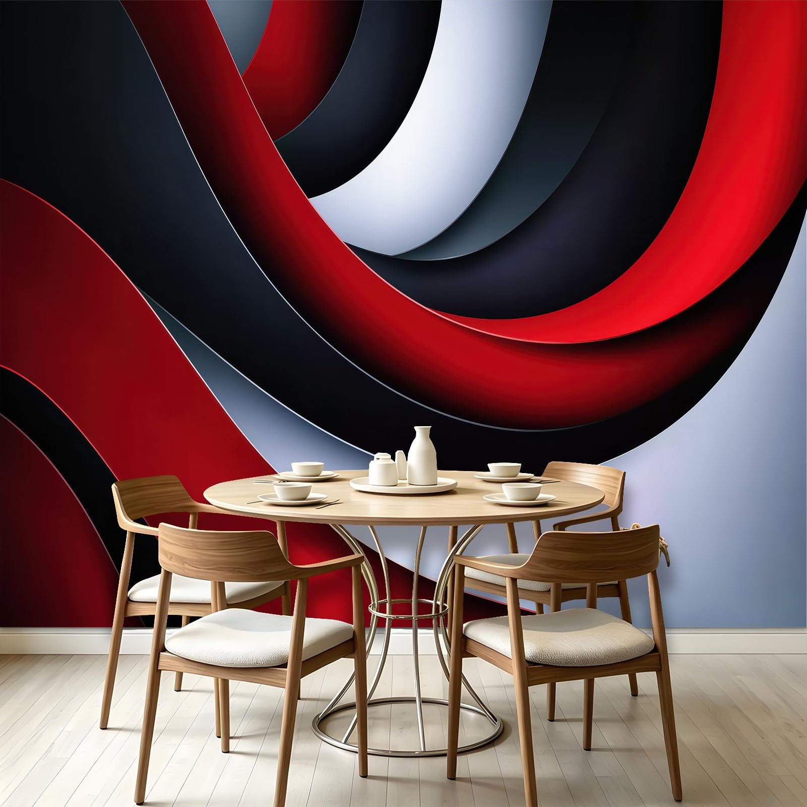 Carta da parati murale in tessuto non tessuto, 300 x 210 cm (L x A) - Decorazione da parete industriale astratta curve rosso nero bianco per sala riunioni moderna sala giochi