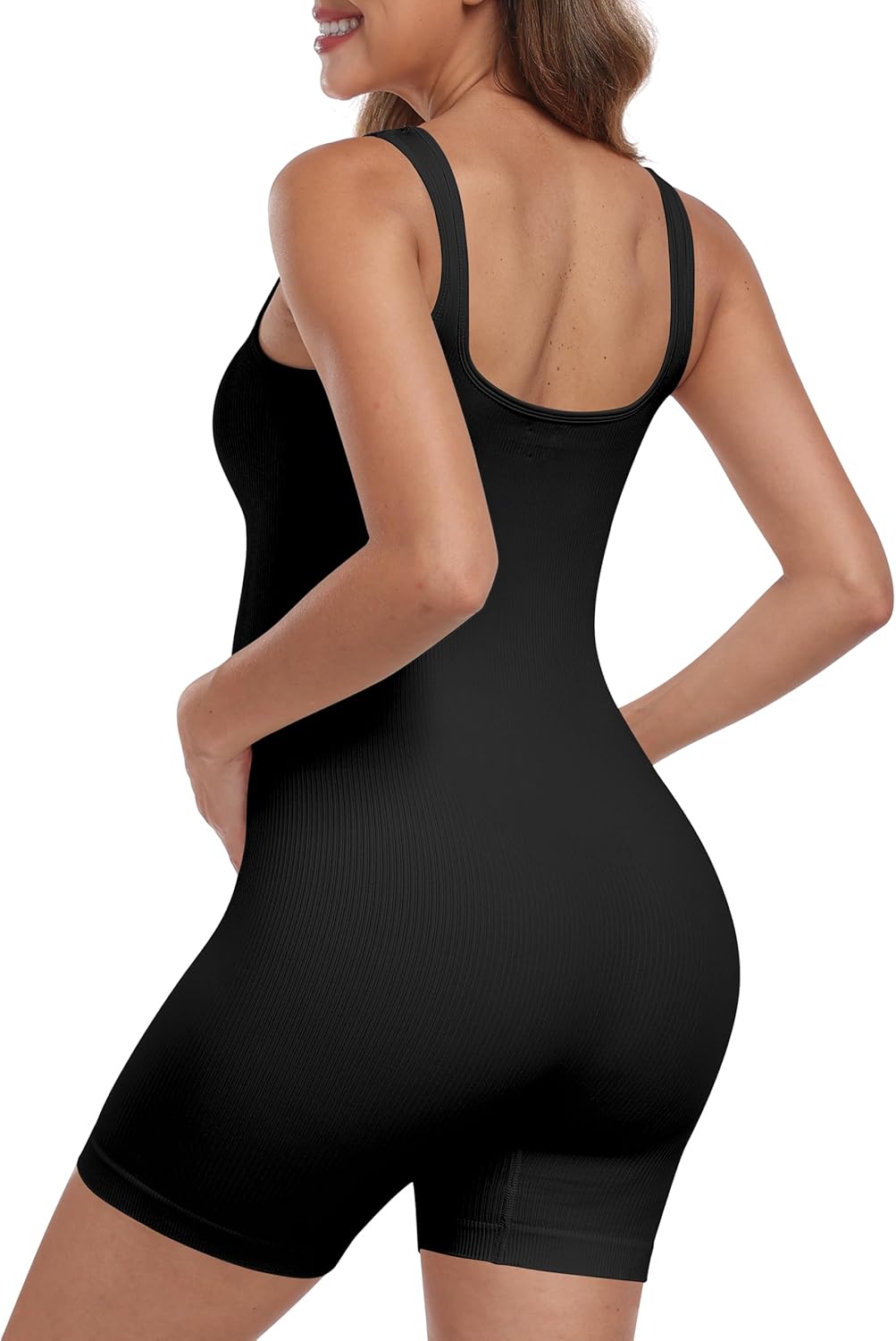 OLCHEE Womens Maternity Workout Romper Seamless Ribbed Square Neck Pregnancy Jumpsuit Summer Sleeveless Yoga Bodysuit Shorts - Image 6