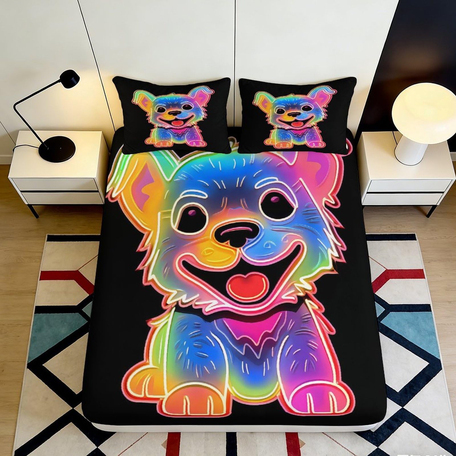 3D Printed Colorful Cartoon Dog Fitted Sheet Microfiber Deep Pocket Non-Slip Bedding Cartoon Dog Mattress Fitted Cover for Adults Teens Bedrooms 90x200x25cm