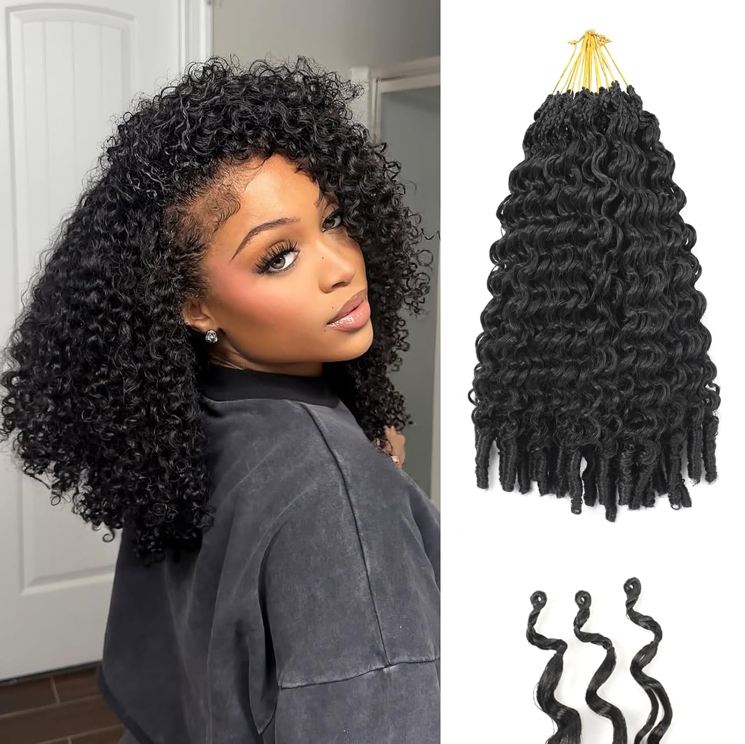 8 Packs Burmese Curly Crochet Hair 14inch Knotless Curly with Spiral Curl Ends Synthetic Hair for Women Pre looped Bohemian Crochet Braids Braiding Feather Crochet Hair Extensions (14inch, 1B)