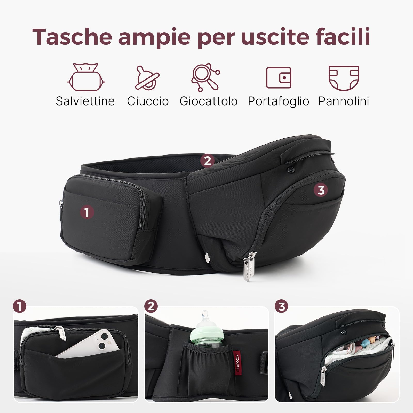 Momcozy Marsupio Neonato con Sede Anca 2 in 1, Portabebè Fronte Strada a Mani Libere fino a 20 kg, Marsupio Bambino 4 Stagioni con Cintura Regolabile fino a 115 cm, Nero - 5