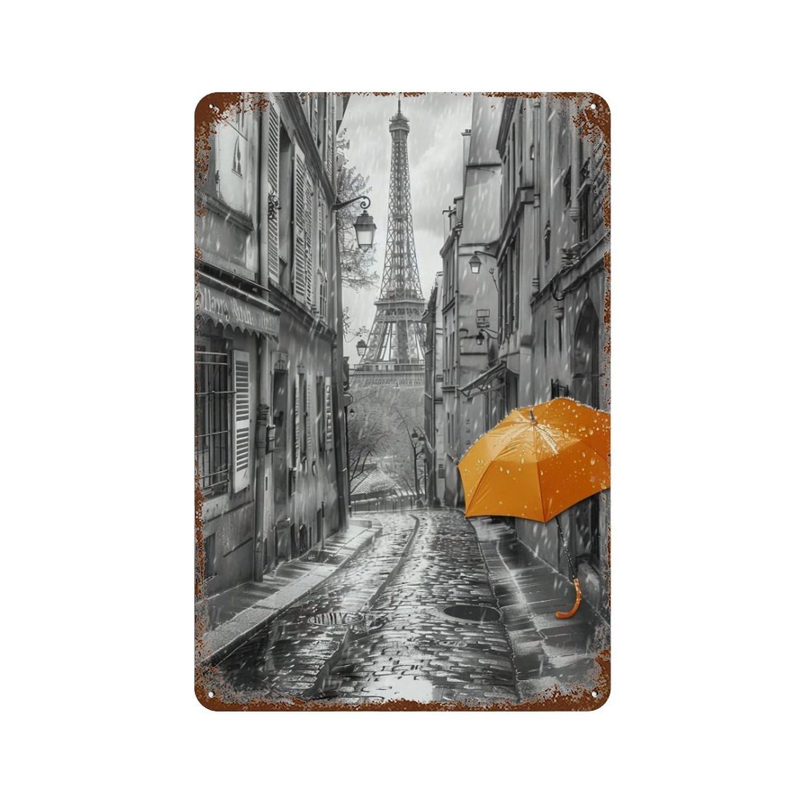 HDURYEYRYY Orange Umbrella Rainy Paris Alley 02 Wall Retro Iron Vintage Art Metal Tin Sign Poster Modern Home Cofffee Club Art Bar Shop Decor 30x20cm