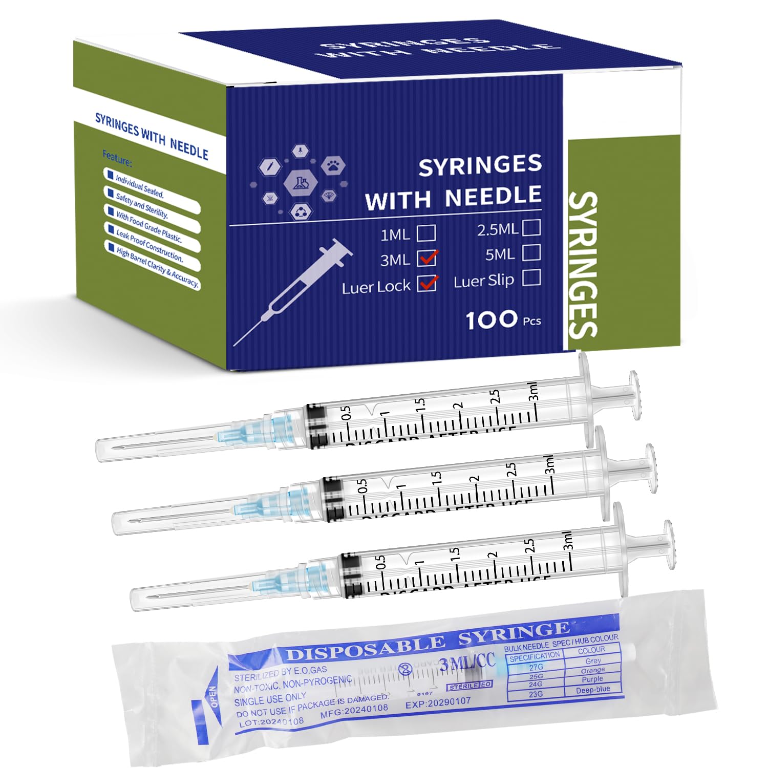 100Pack 3cc Syringe with Needle 23G 1 Inch Needle and Syringe,Safety Individually Wrapped,Luer Lock Syringes