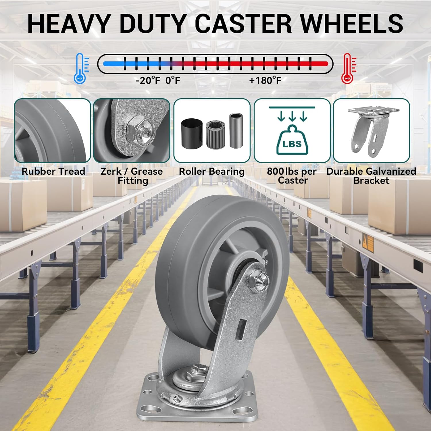 6'' × 2'' Caster Wheels, Heavy Duty Industrial Casters Set of 4 Rubber Wheels, Load 3600lbs Capacity, Swivel Caster for Cart Dolly Toolbox Trolley (4 Swivel)