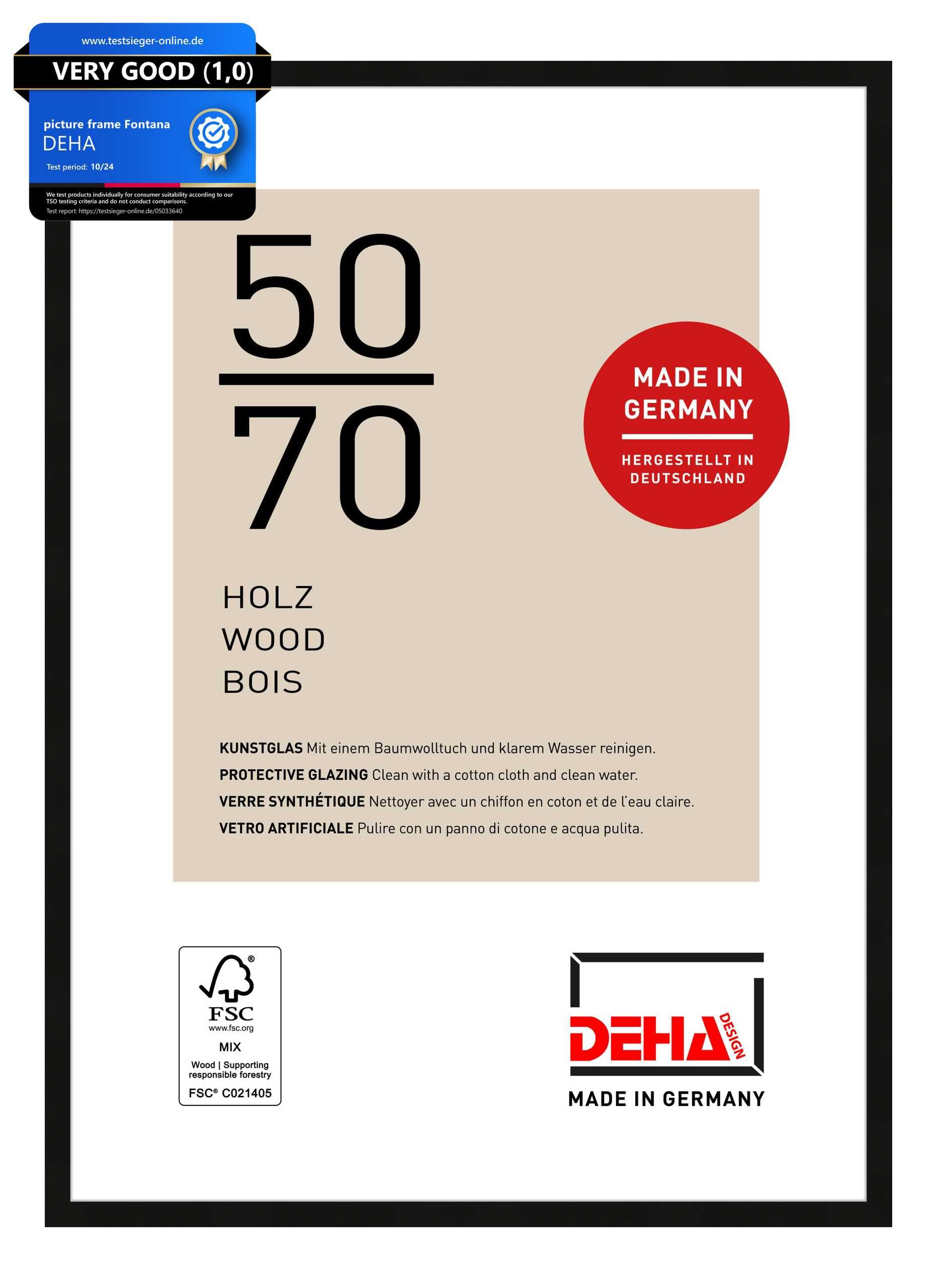 Deha Design Black Fontana Wooden Picture Frame - 50X70 Cm – - With Synthetic Glass And Push/Turn Clips