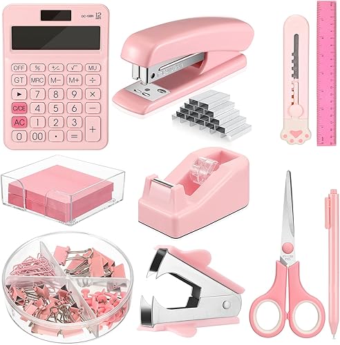 Kit de accesorios de escritorio de 12 piezas, color rosa, incluye grapadora con dispensador de cinta, removedor de grapas, notas adhesivas con caja