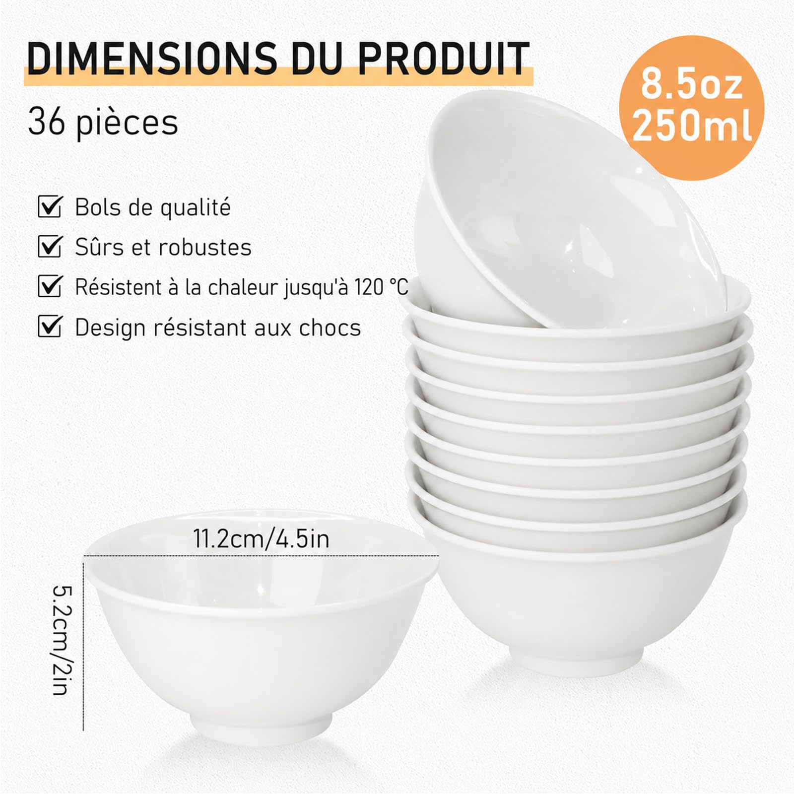 Lot de 36 Bols en Mélamine Blanche, 250 ml, Empilables et Réutilisables | Petits Bols Résistants aux Chocs, Compatibles Lave-Vaisselle, pour Céréales, Soupe, Riz, Dessert et Camping