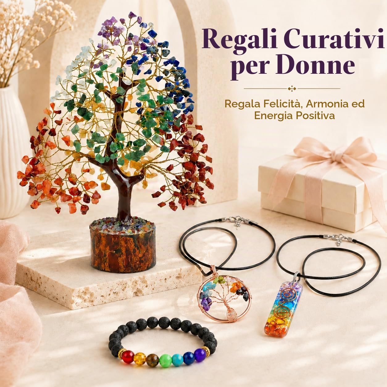 7 Chakar Albero della Vita braccialetto 7 chakra, e 2 ciondoli cristalli