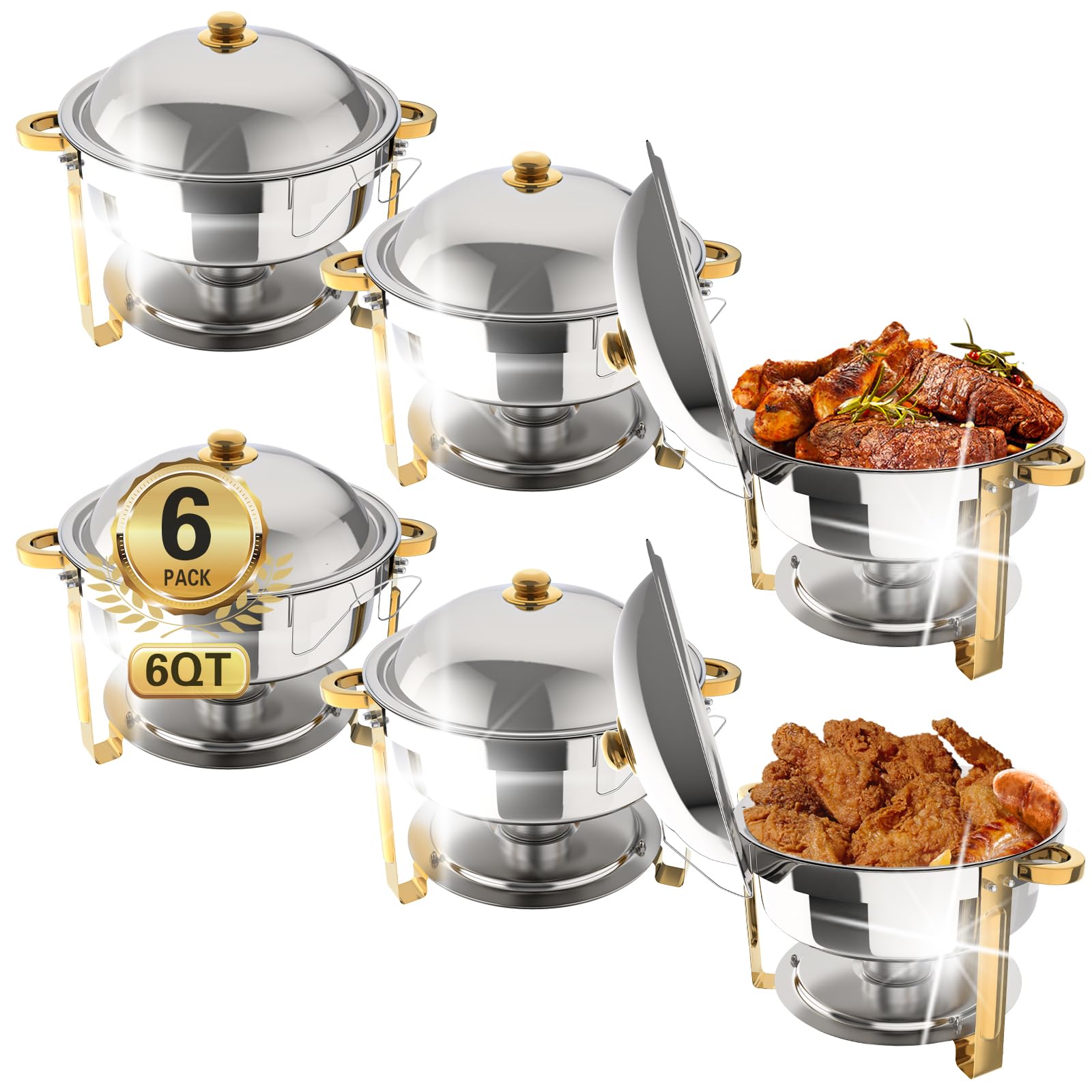 Beviliu 6.8 Litre Chafing Dish Buffet Set, 6 Pack 6QT Round Chafing Dishes & Food Warmers, Gold Chafing Dishe for Buffet, Stainless Steel Chafer for Catering Lid & Lid Holder, Food Warmers for Partie
