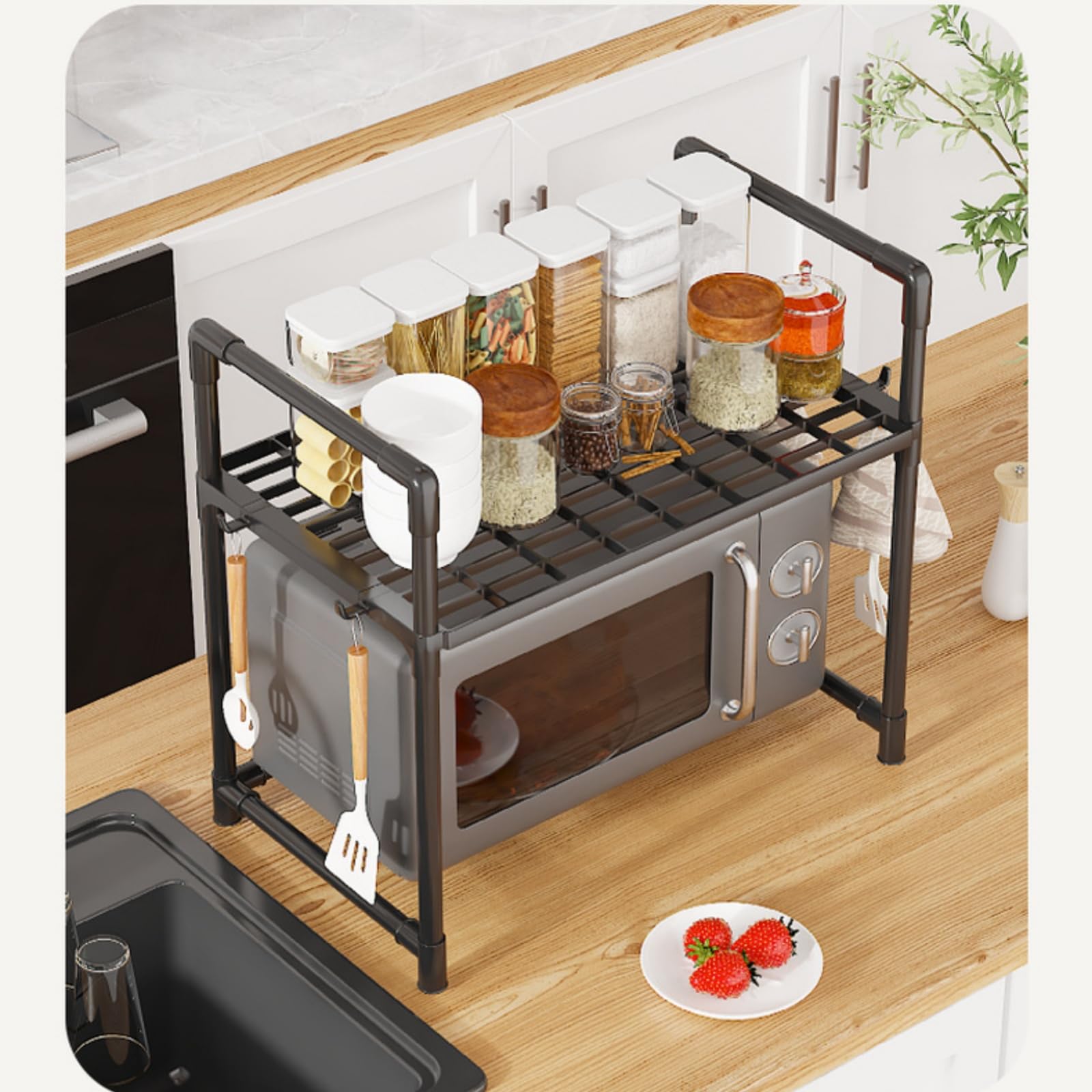 Allungabile Mensola Microonde,Salvaspazio Supporto Per Forno A Microonde,griglia Per Forno,Scaffale Cucina Con Ganci,Mensola Cucina Per Mettere Piatti E Ciotole (Nero)