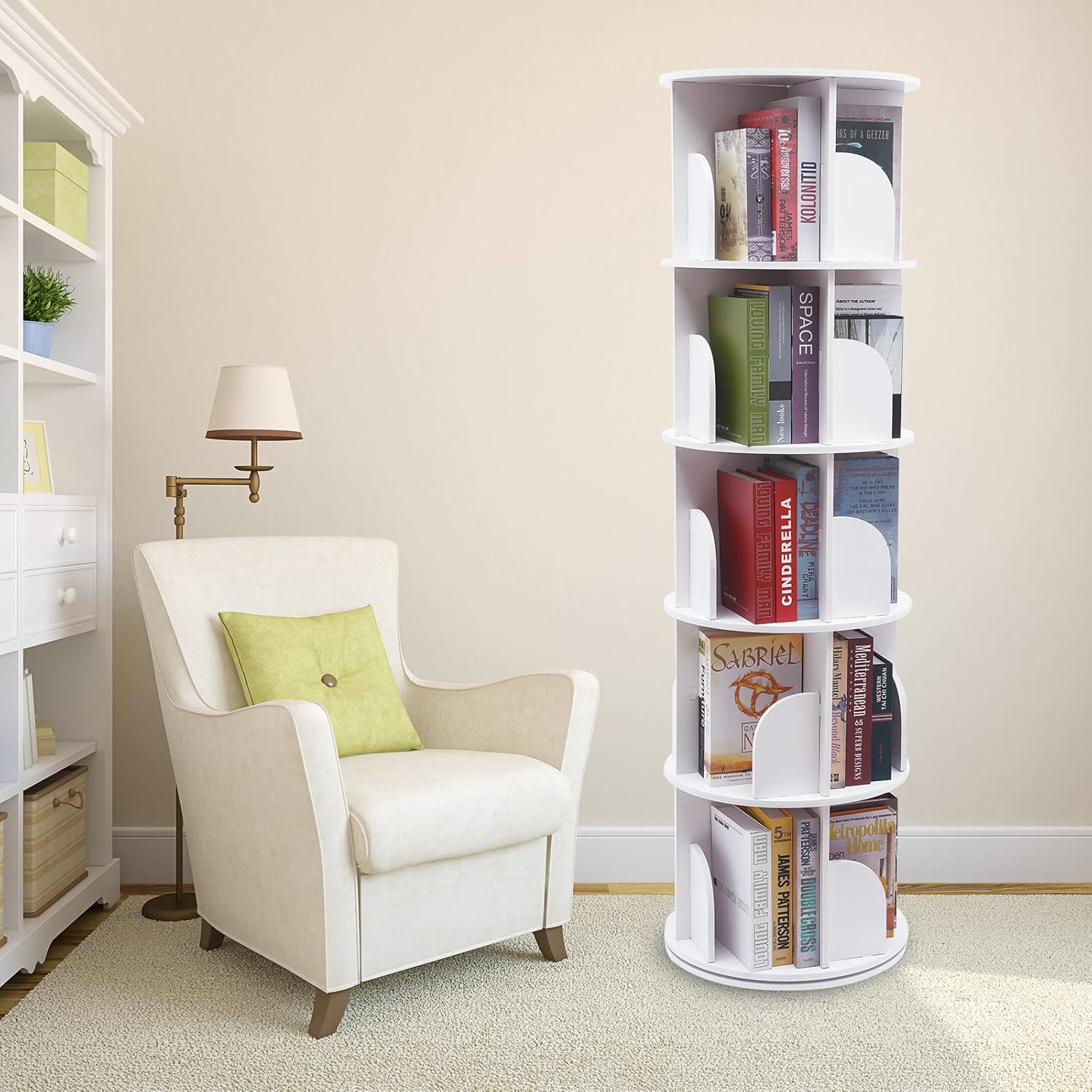 360°Rotating Bookcase, PVC Desktop Rotating Bookshelf Book Storage Shelf Display Rack Floor Standing Bookcase 360°Revolving Bookcase for Bedroom, Living Room (5 Tiers White)