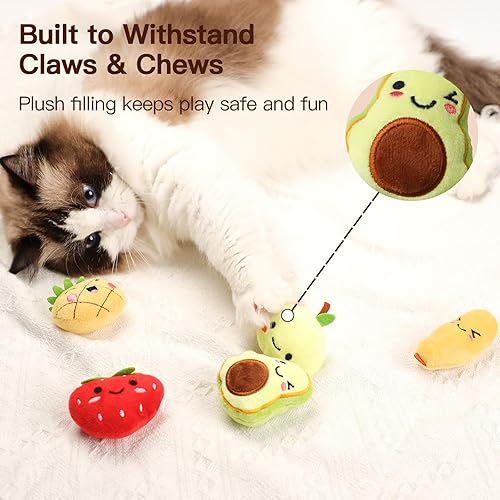 Miniatura 4 de Catnip, juego de 5 juguetes de peluche de amigos frutales para gatos, relleno de algodón suave, sin cremallera ni pegamento, juego interactivo en