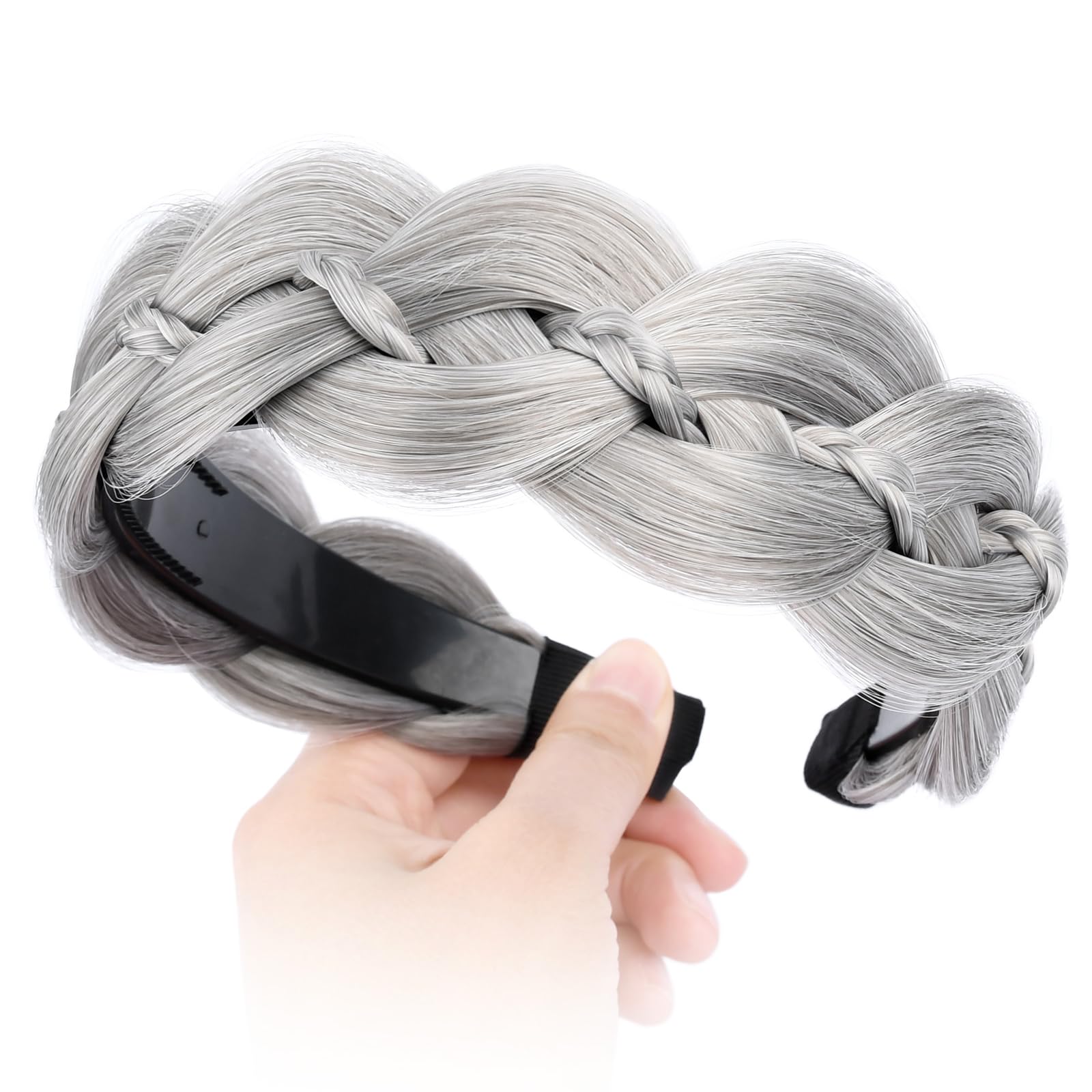 GLEDOLA Wide Braided Headband with Teeth Synthetic Hair Plaited Headband High Elasticity Braids Hair Band Hairpiece for Girls Women (Smoky Gray - Image 4