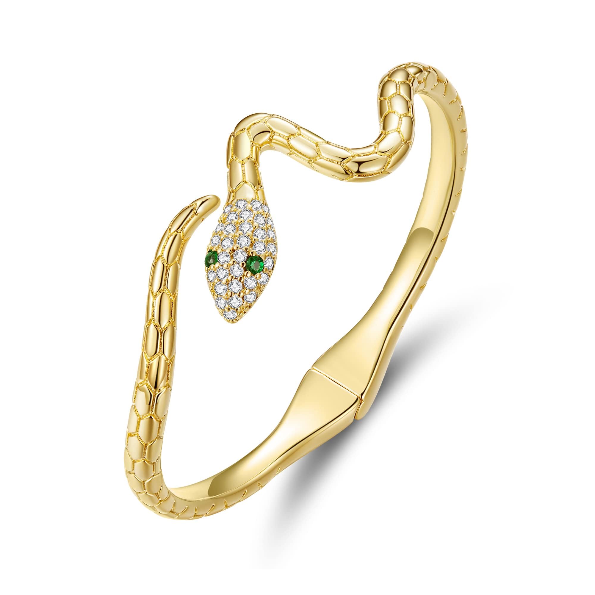 BISAER Gold Snake Cuff Bracelets for Women, 14K Gold Plated Trendy AAAAA Cubic Zirconia Chunky Adjustable Open Bangle Snake Jewelry Gifts