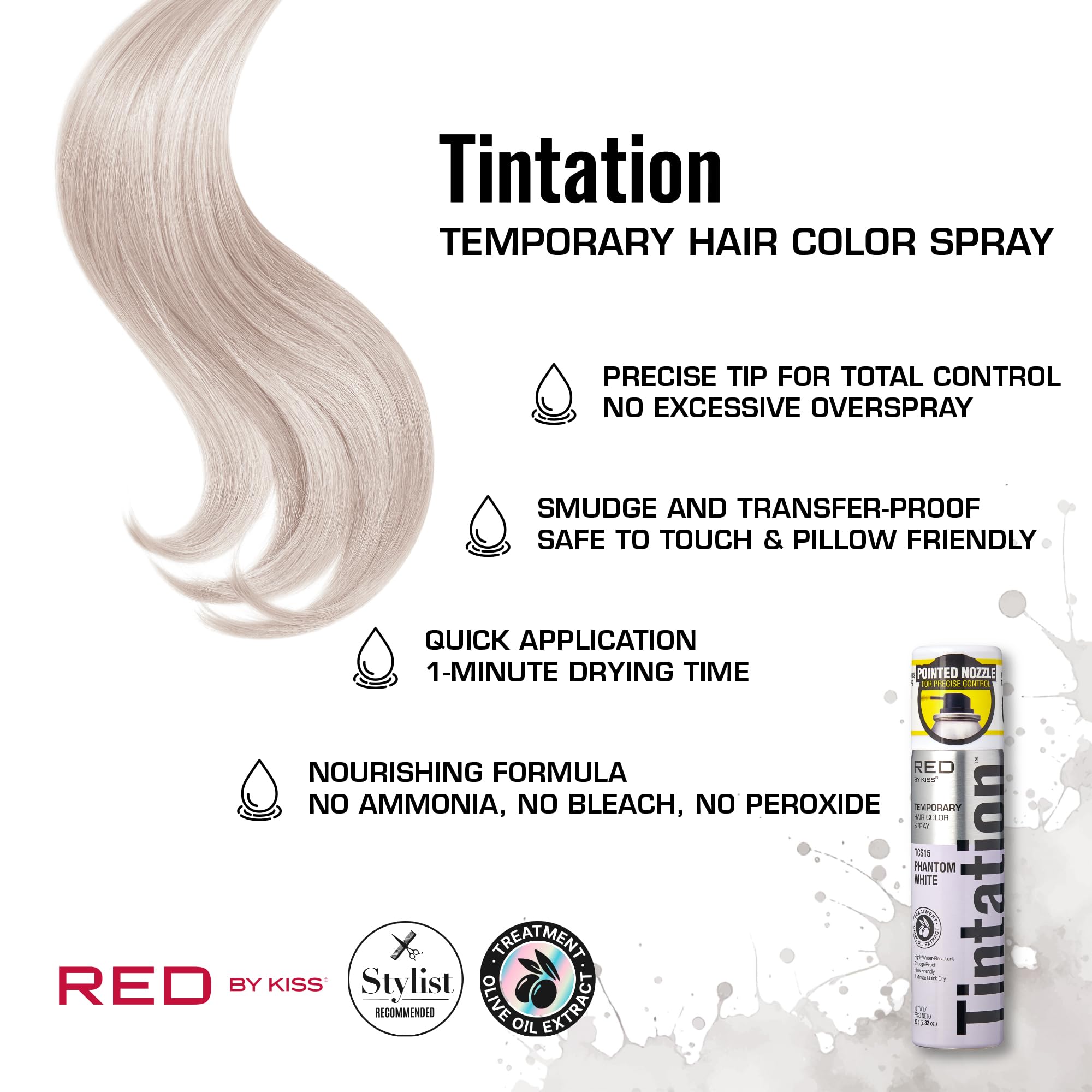Red by Kiss Tintation Temporary Hair Color Spray 2.82oz, Quick-Dry & Smudge-Proof, Vivid Color Washable Hair Dye, Styling Spray Cosplay Halloween Birthday Party Festival (Phantom White)