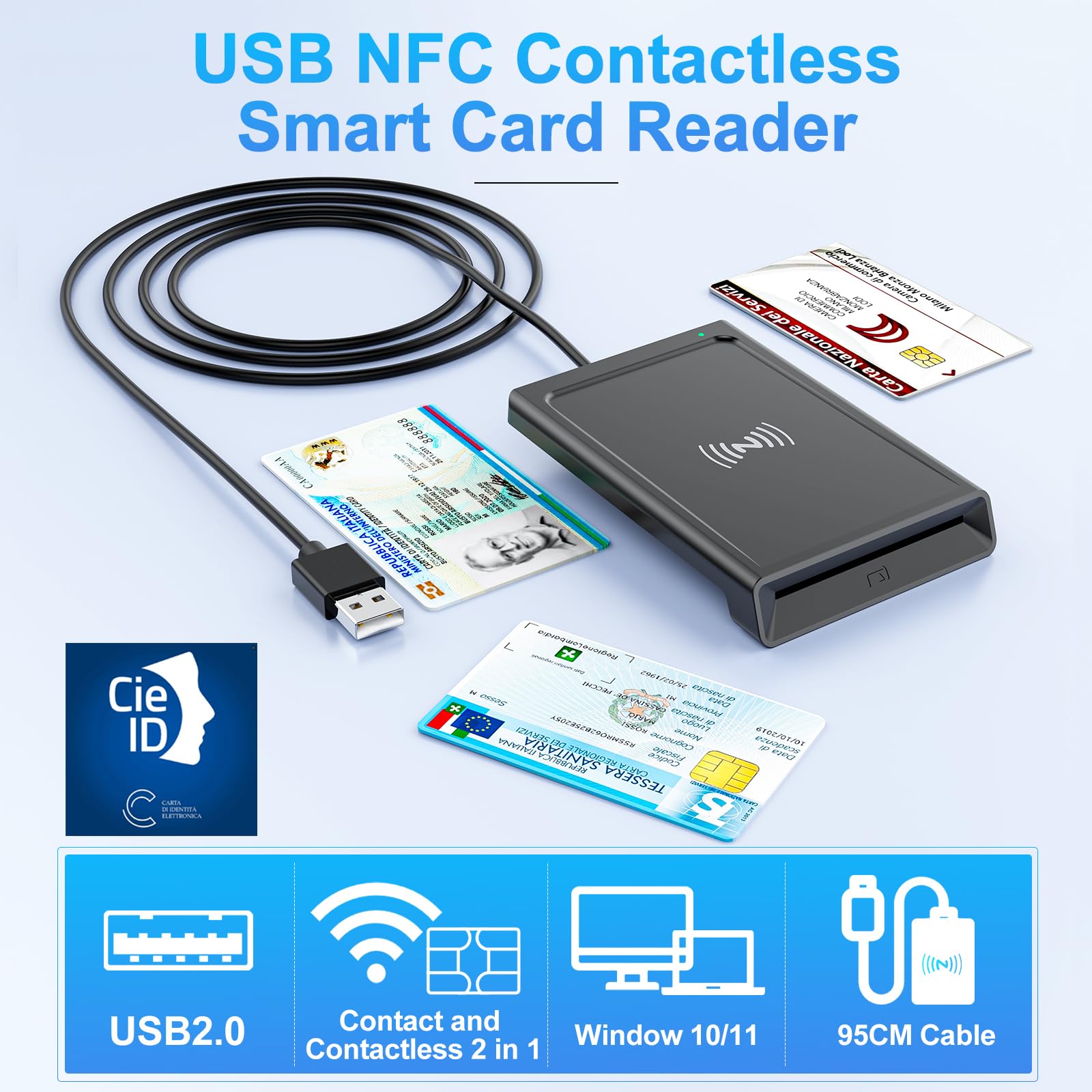 USB Lettore CIE 3.0 Carta d'identità Elettronica e Tessera Sanitaria Italiana,Lettore Smart Card Firma Digitale Lettore NFC Lettore Smart contatto e contactless CIE/CRS/CNS per PC Windows 10 11 Linux