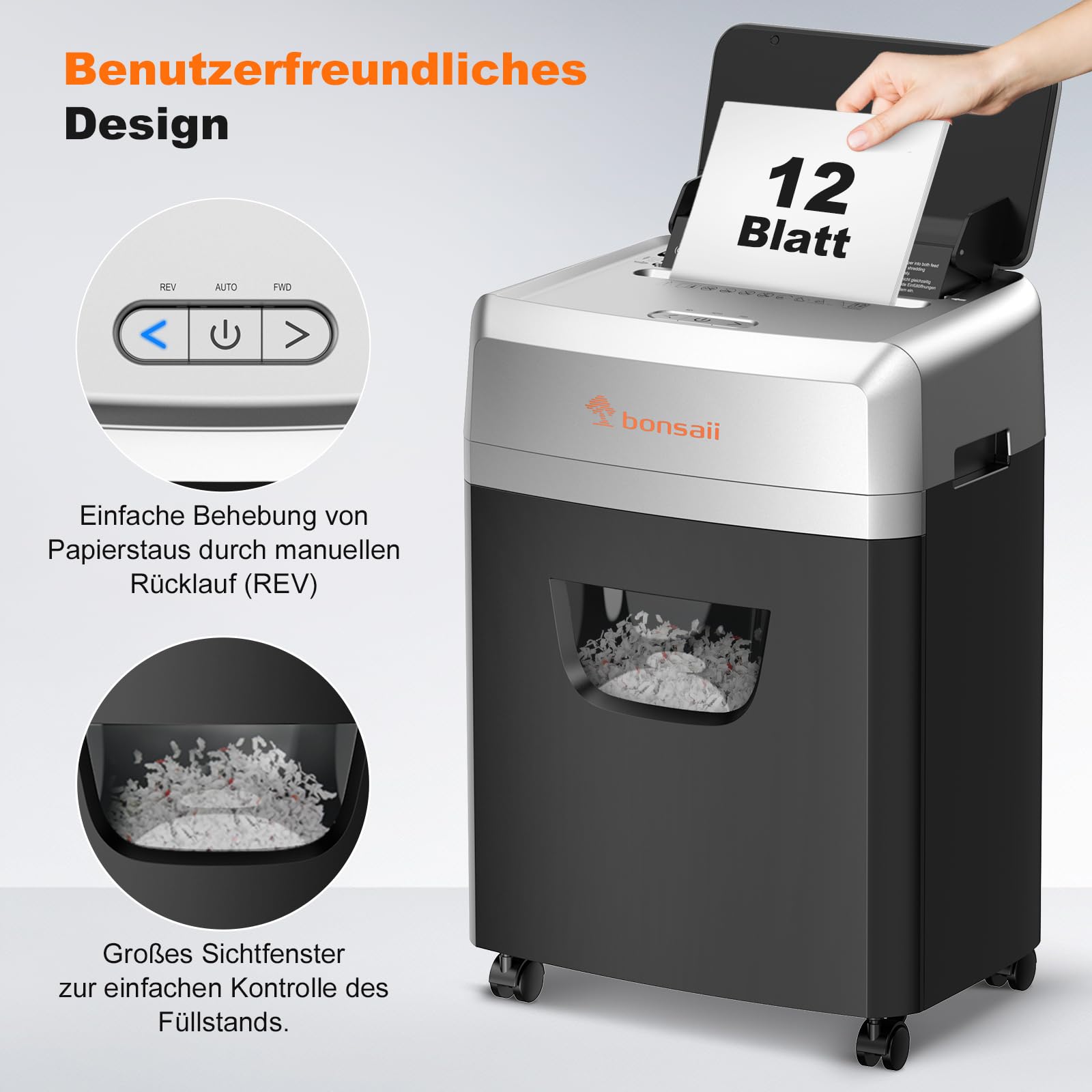 Bonsaii Aktenvernichter mit 160 Blatt Auto-Feed, P-4 Kreuzschnitt Schredder | leiser Betrieb mit 60 Min. Dauerbetrieb und 23L Abwurfbox für den Bürogebrauch, C290-A