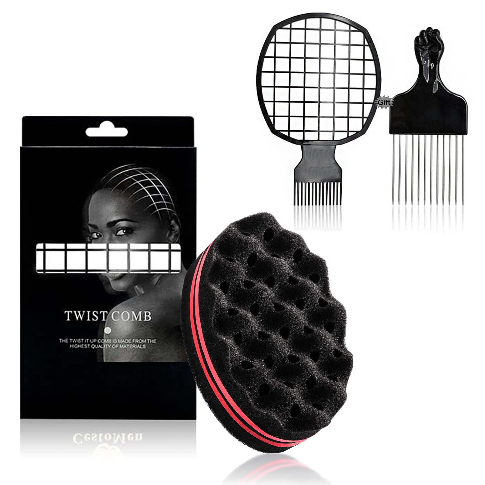 CEASELESLY 3 Piezas Esponja para pelo afro,Cepillo de Esponja Para el Cabello y Peine Afro,Peine Afro de Metal Curl Magic PeluqueríA Pelo Cepillo Esponja Bobina Cepillos de Esponja para Rizar