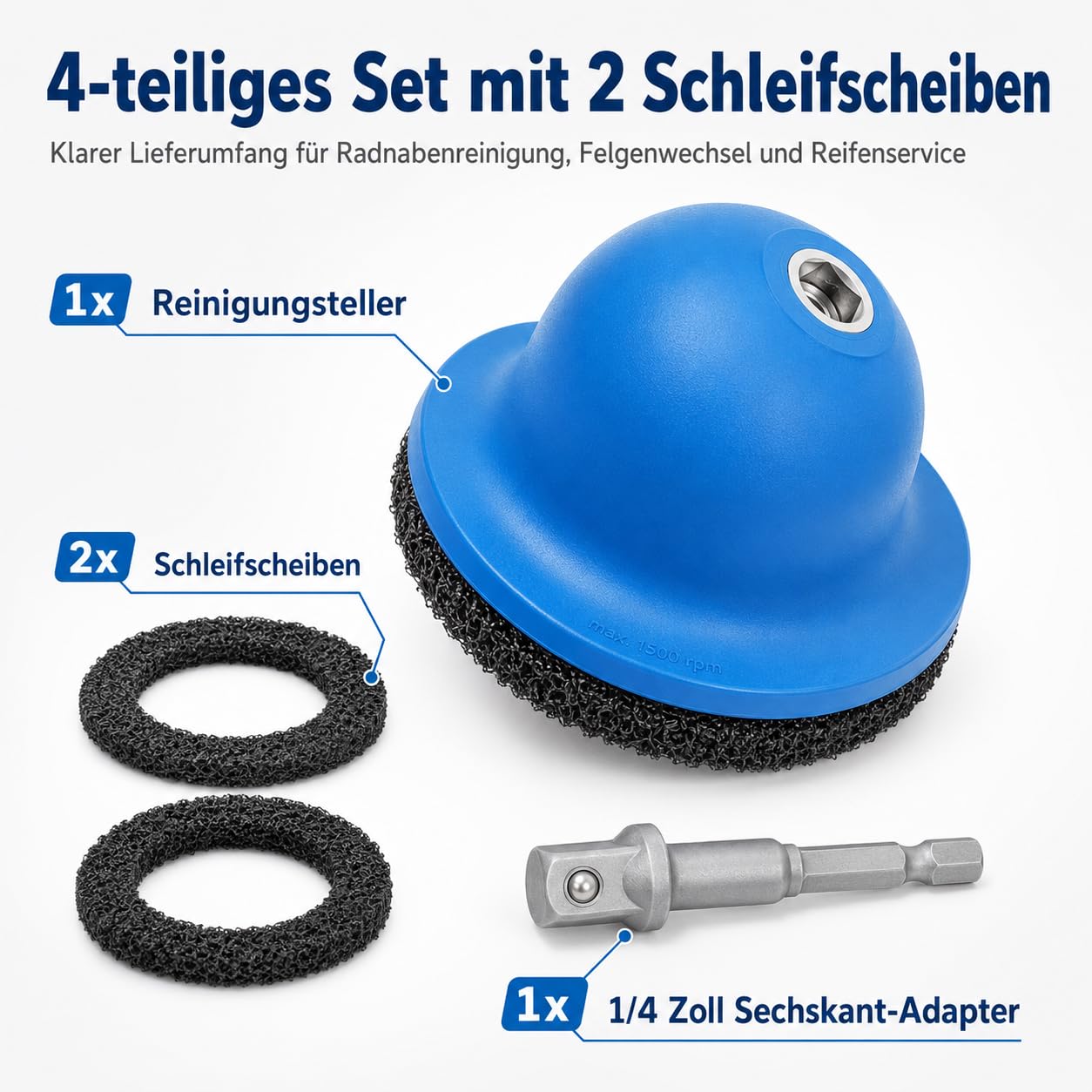 Radnabenschleifer Set 4-teilig, Radnabenreiniger KFZ Innen-Ø 90mm Außen-Ø 150mm mit 2 Schleifscheiben, 1/4 Zoll Sechskant-Adapter, Reinigungsteller für Felgenwechsel Rostentfernung, KFZ Werkstatt