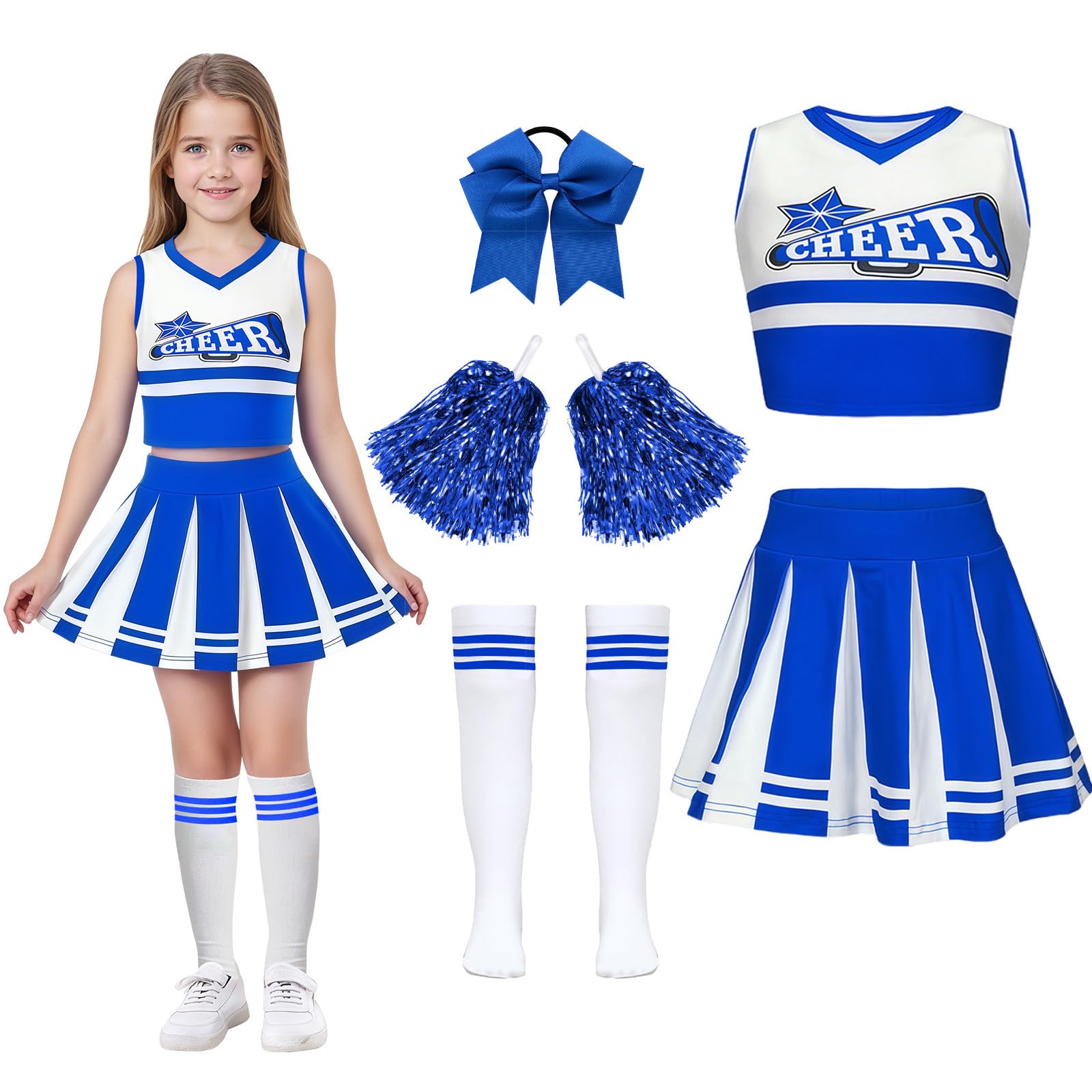 Luckyou Vestito Cheerleader Bambina Costume da Cheerleader Ragazze con Pompoms Calze Vestito Carnevale Bambina per Halloween Giornata Sportiva