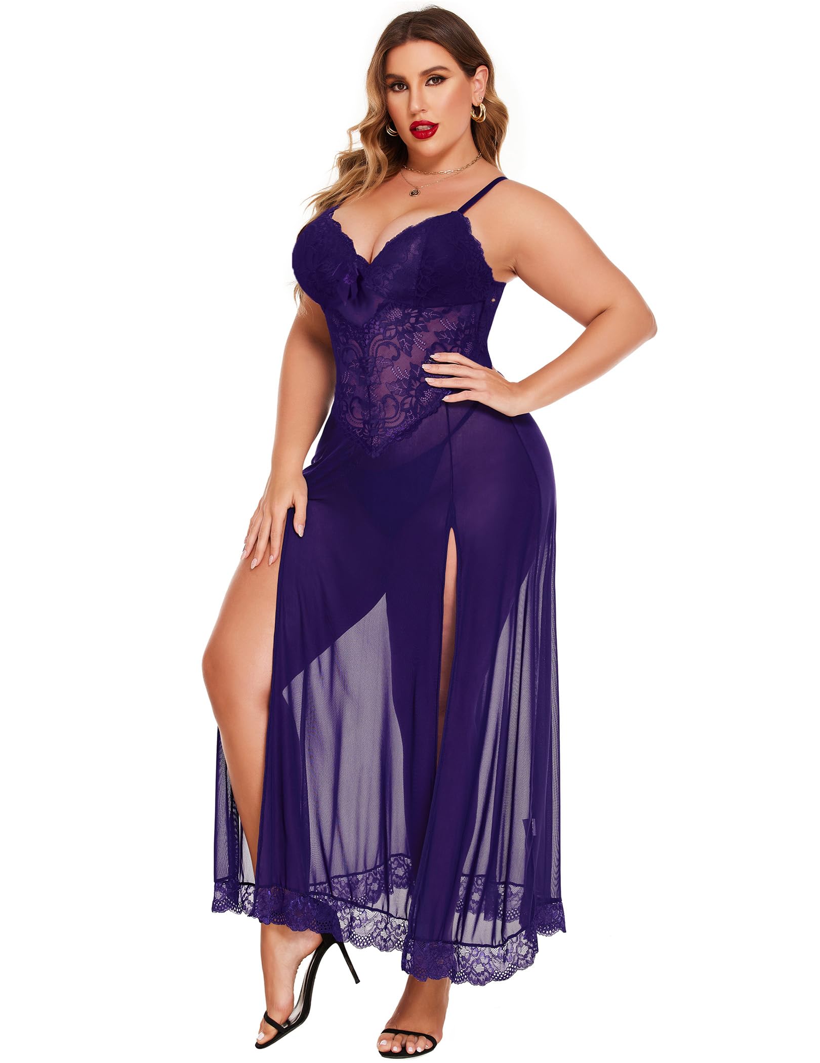 Alrovetoney Plus Size Lingerie For Women Babydoll Sexy Mesh Maxi Nightdress Exotic Sleepwear Side Slits: Purple 3X-Large