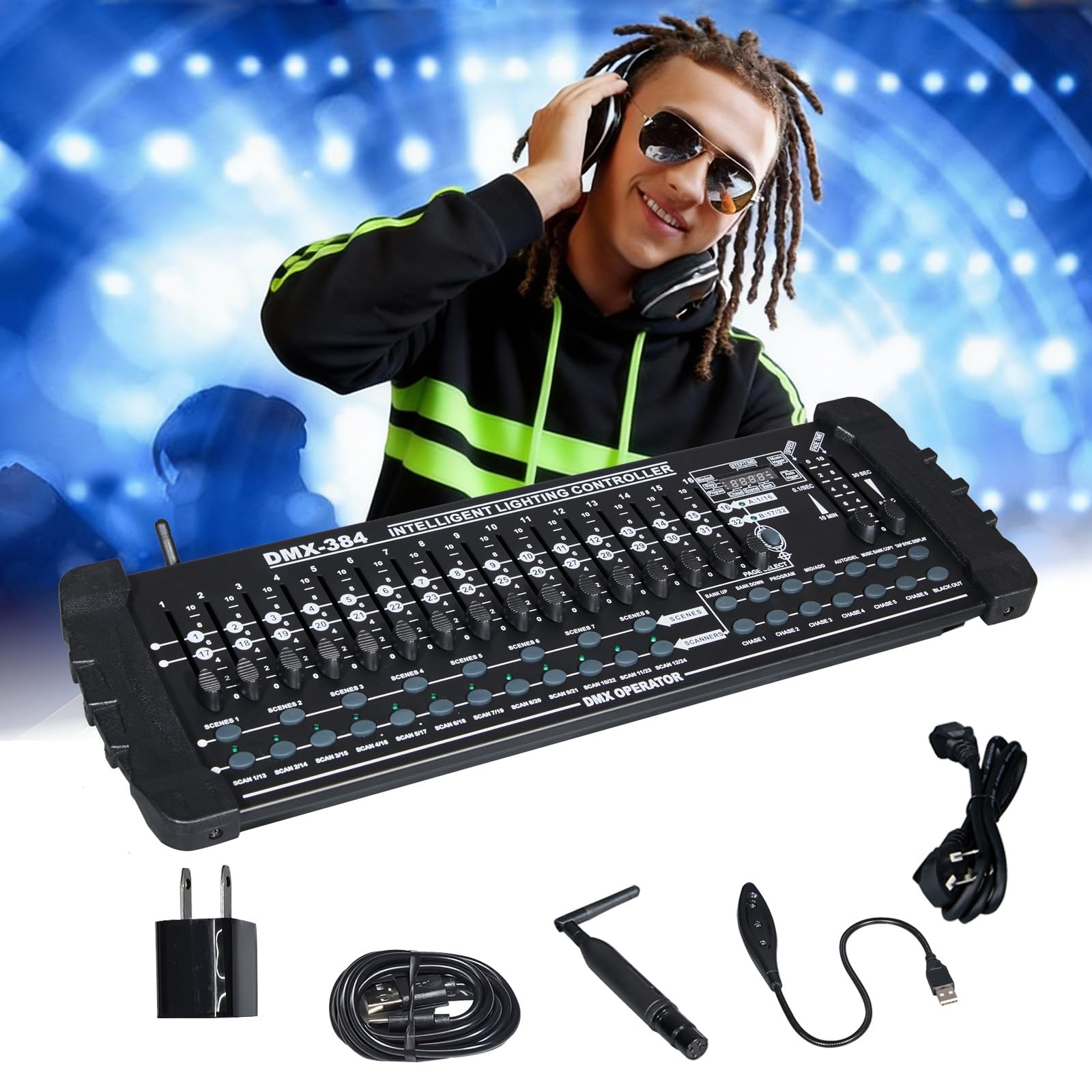 AGVYBE DMX512 DJ Controller With Receiver, Built-in 2.4GHz Transmitter, 384 Channel,16 Sliders,30 Banks of 8 Scenes,6 Chases,MIDI & Music Trigger Mode,DMX Console For Stage,Club,Wedding,Party,Theater