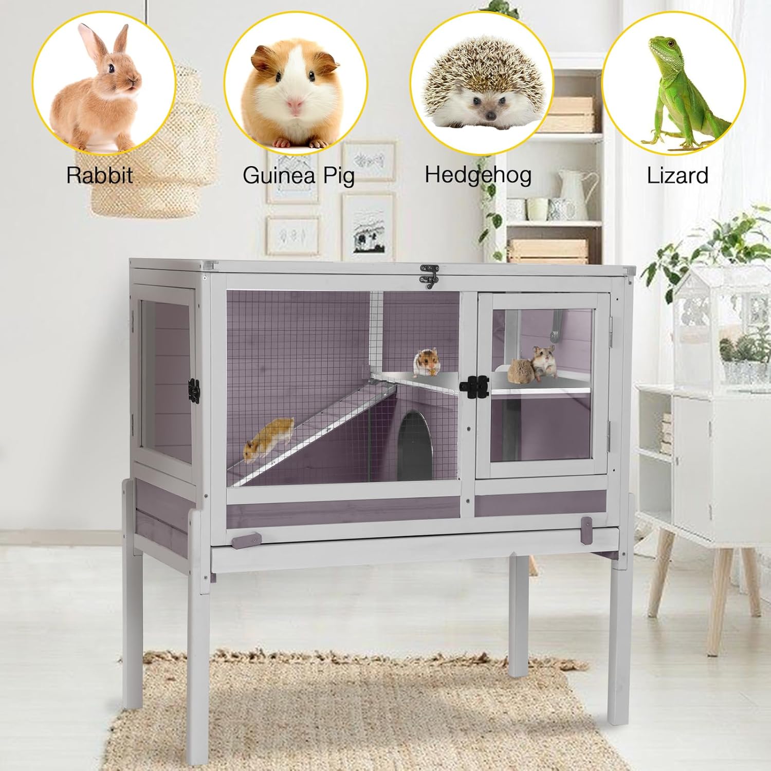 Wooden Guinea Pig Cages Indoor,Two-Story Wooden Rabbit Cage Hutch with Removable Stand and Pull Out Tray, Small Animals Cage Habitat with Ramp and Plastic Mesh(Grey&Purple)