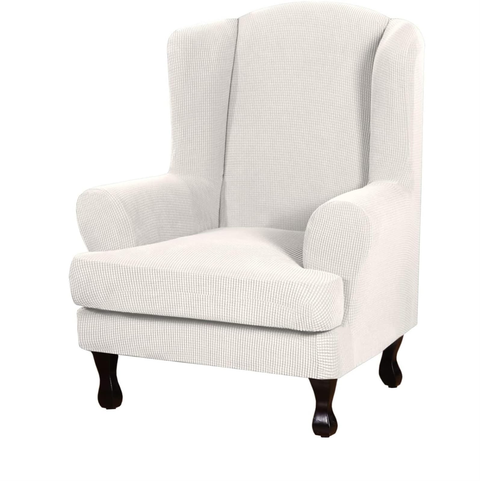 CiauCh Wingback Chair Slipcover 2 Piece Check Wingback Chair Cover Spandex M Wing Chair Slipcovers Wingback Armchair Covers with Elastic Bottom for Living Room Wingback Chair(White)