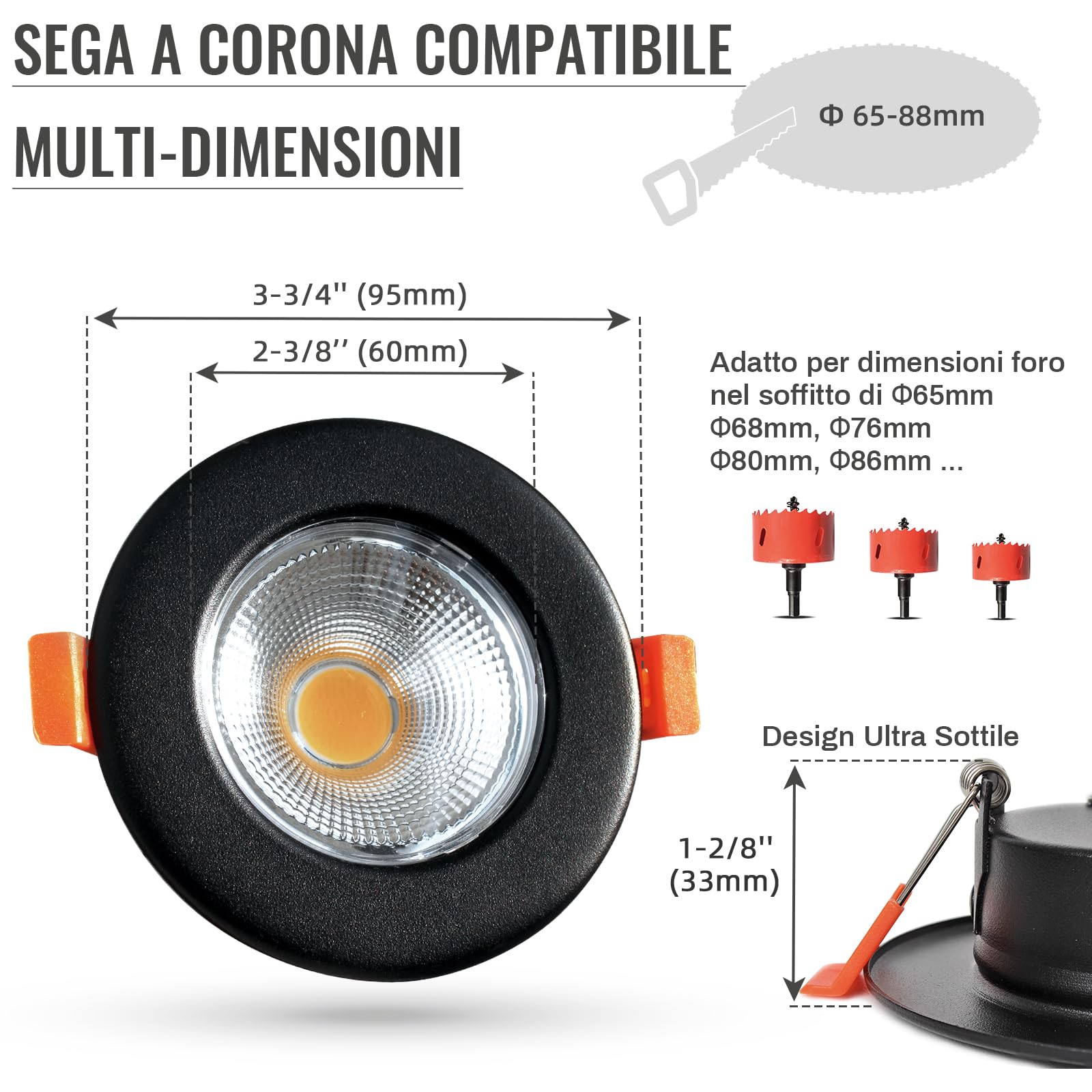 6 Faretti LED Da Incasso Dimmerabili 10W – 850LM, Luce Calda 3000K, Foro 65-88mm, COB 220V