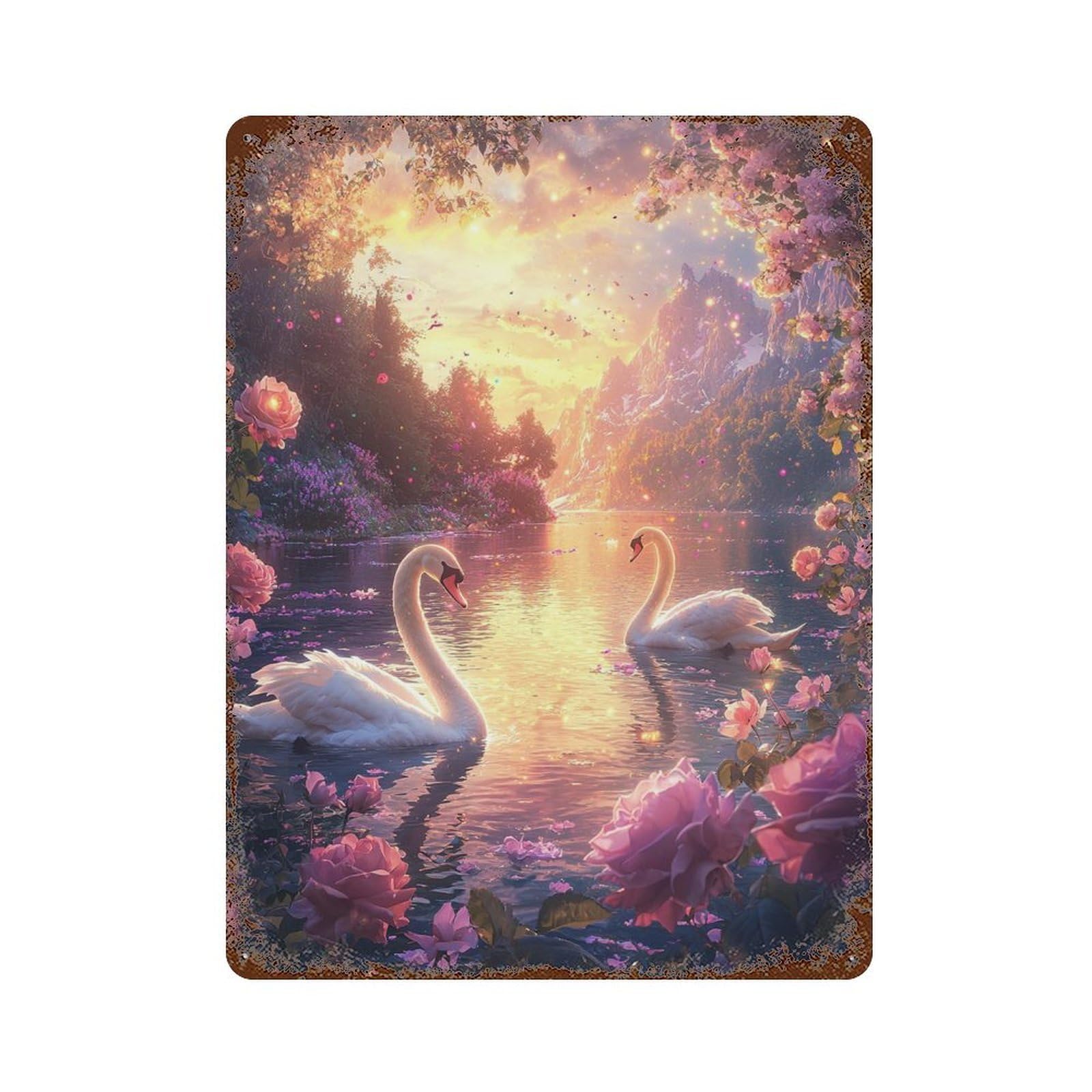 Enchanted Swan Lake Sunset Rust Effect Tin Sign 15.7"x11.8", Vintage Wall Decor for Garage, Pub Or Kitchen