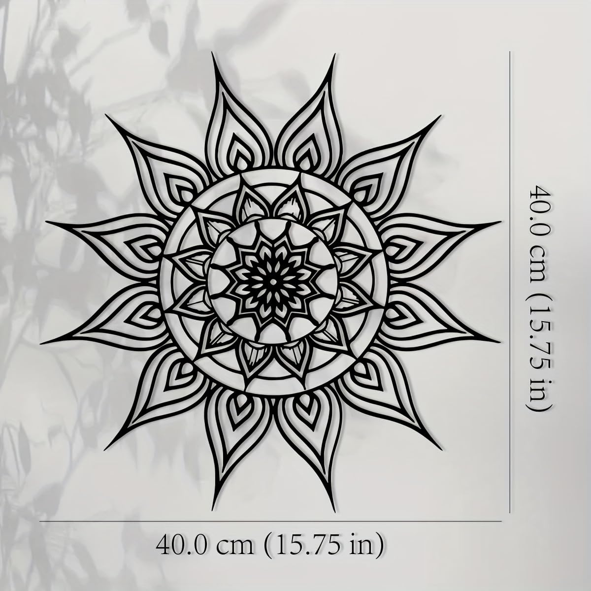 Decoración de pared abstracta contemporánea de metal, gran mandala solar, arte de 40 cm, hierro negro estilo boho con motivos florales, decoración moderna para interiores y exteriores, ideal para