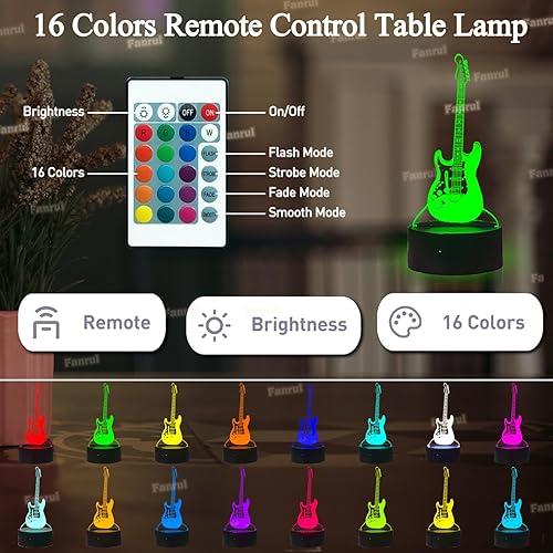 Miniatura 2 de Fanrui Creative Cartoon 3D Guitarra Eléctrica Modelo Ilusión Lámpara LED Acrílico 7 Color USB Touch IR Cambio Remoto Bebé Niño Dormir Luz Noche