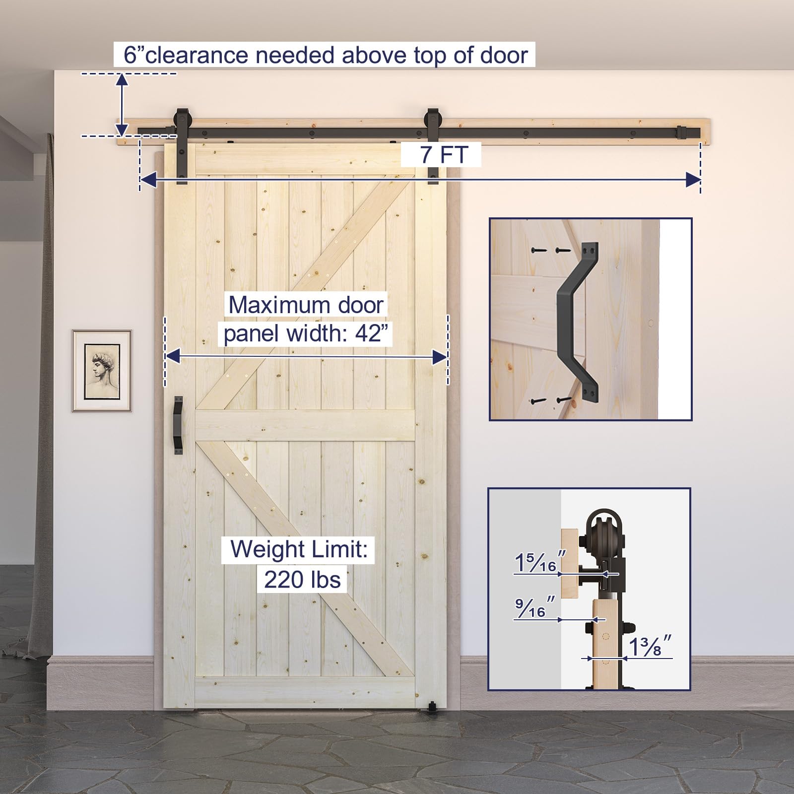 GOLDENPOLEY 42in x 84in Sliding Barn Door with 7 FT Barn Door Hardware