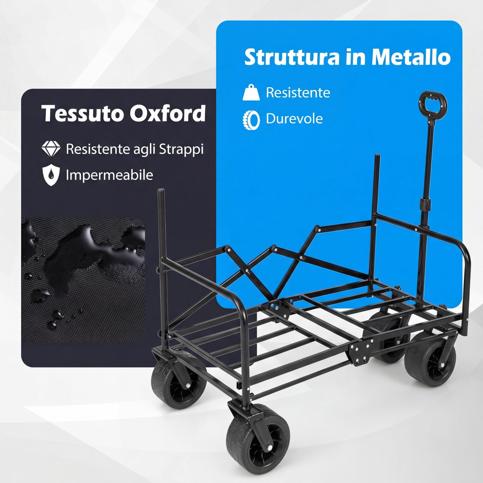 COSTWAY 2 in 1 Carrello Pieghevole con Panca, Carrello Trasportabile con Maniglia Regolabile, Cuscini Morbidi e Ruote, Carrello da Giardino in 600D Oxford, 80 kg, 85 L, per Campeggio e Spiaggia (Nero)