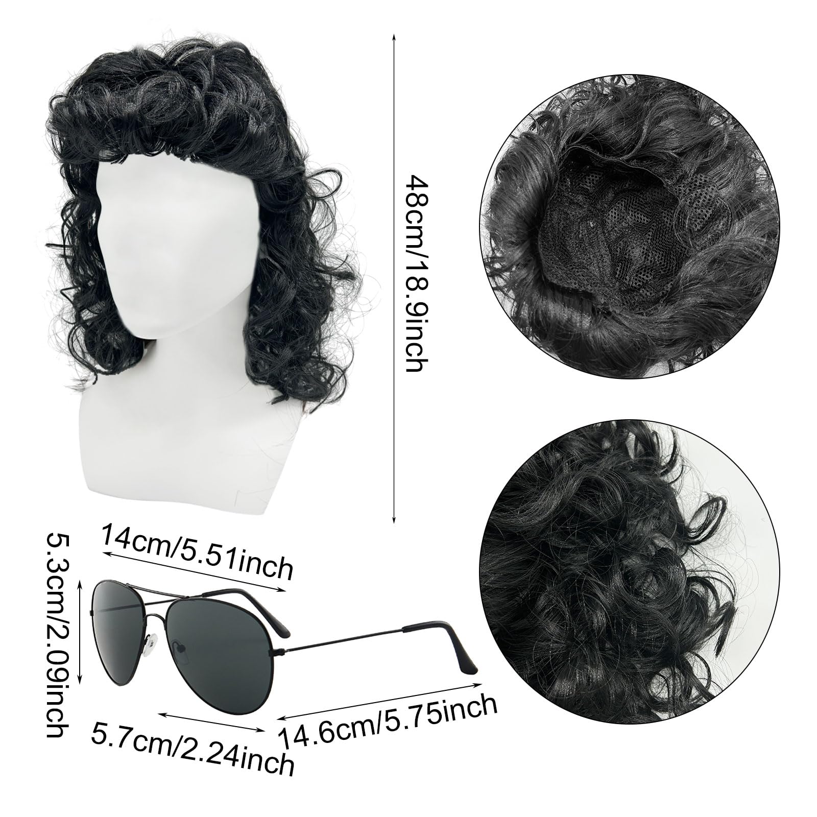 XNIVUIS Mens Wig - 80s Long Curly Mullet Wig, Black Rocker Punk, Halloween Cosplay Party (2 Pcs) - Image 2
