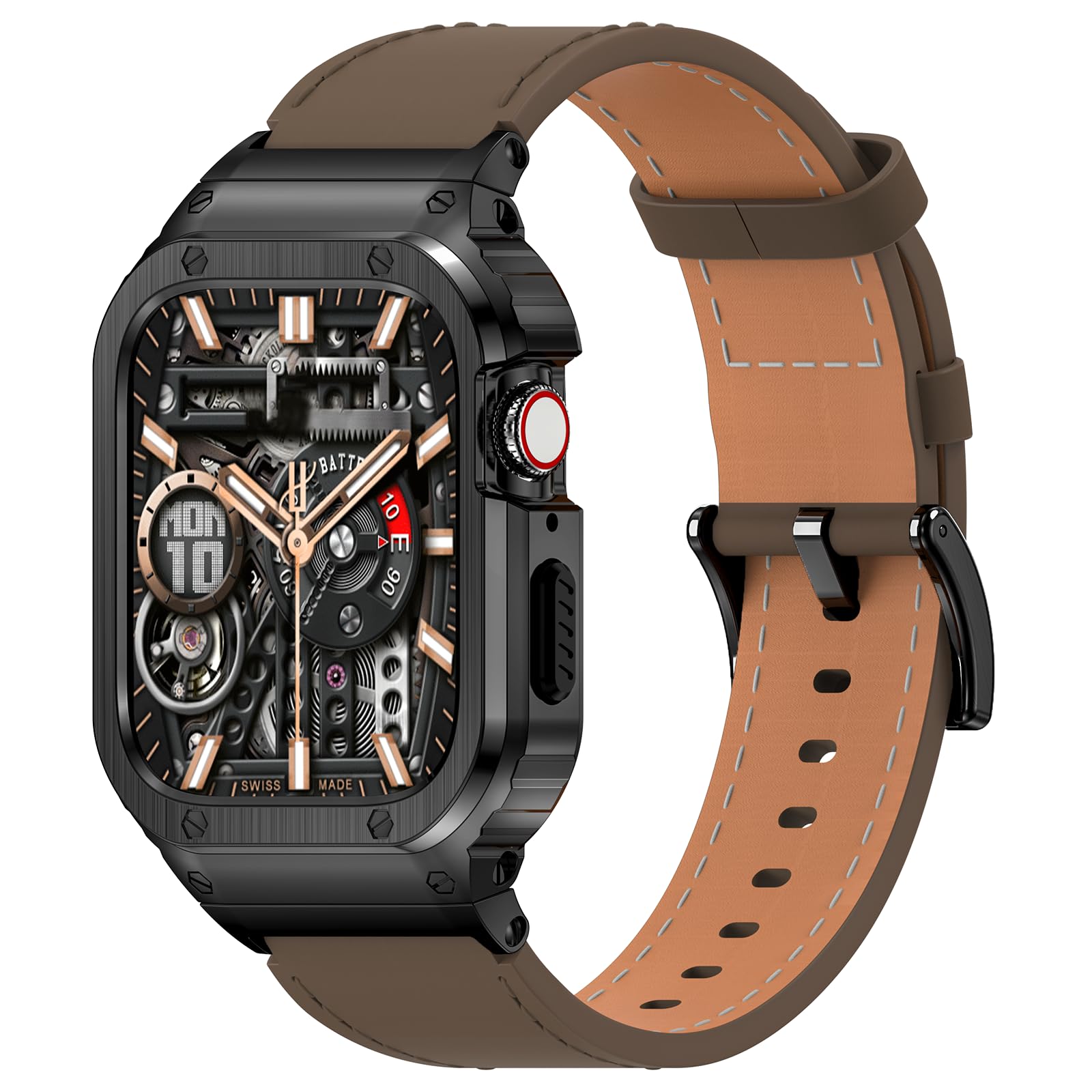 SUPLINK Stainless Steel Case and Band Compatible with Apple Watch Band 38mm 40mm 41mm 42mm 44mm 45mm 46mm 49mm,Leather Strap Metal Case for iWatch Series Ultra 10 9 8 7 6 5 4 3 2 1 SE Men