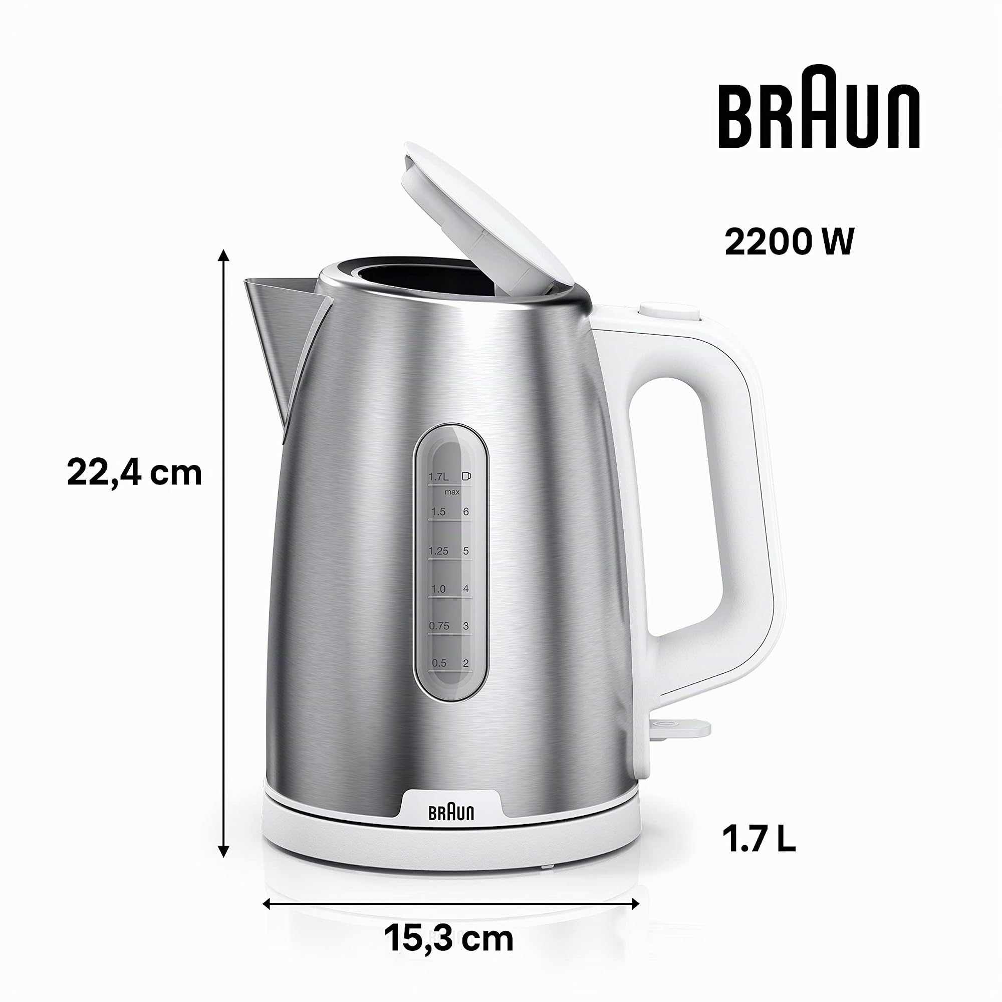 Braun PurShine Hervidor Eléctrico, Base Giratoria 360°, Indicador de Nivel de Agua, Almacenamiento para el Cable, Función de Apagado Automático, Capacidad de 1,7L, WK1500WH, 2200W, Blanco