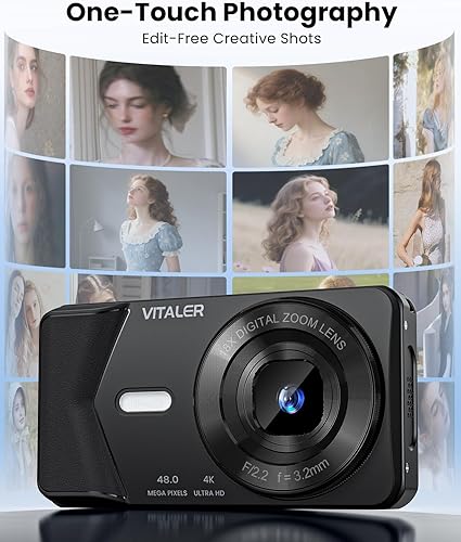 Miniatura 7 de Cámara digital, enfoque automático 48MP 4K cámara para fotografía con tarjeta de 32 GB, cámara digital portátil compacta de apuntar y disparar