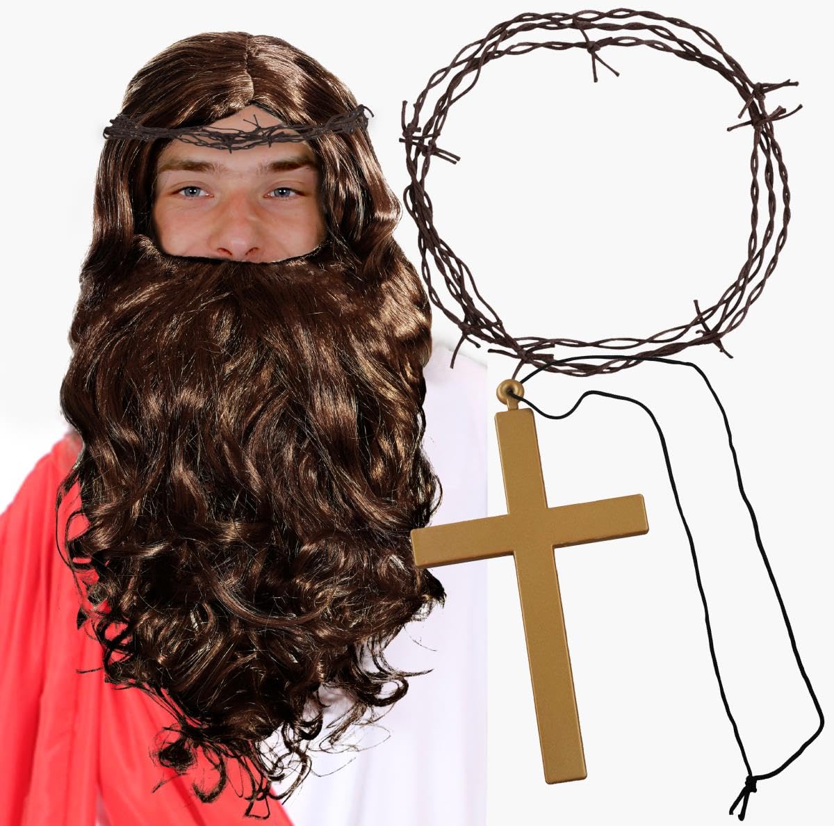JESUS WIG & BEARD FANCY DRESS ACCESSORY KIT BROWN RELIGIOUS WIG WITH GOLD CROSS & CROWN OF THORNS