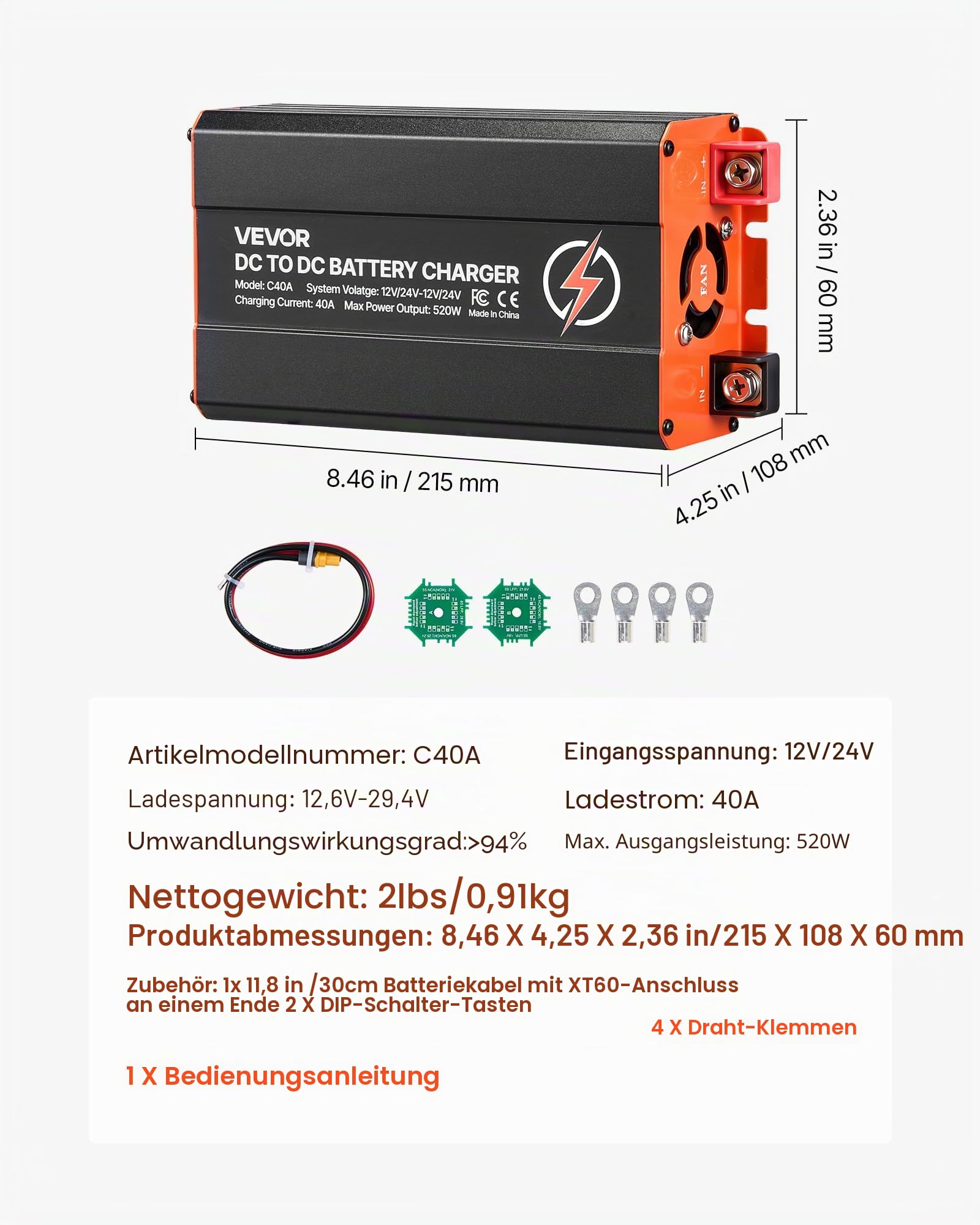 VEVOR DC-DC Ladebooster 40 A 520 W, Ladegerät für Lichtmaschine 12 V / 24 V-12 V / 24 V Schnellladung für LiFePO4 AGM Gel Batterien & Powerstations Wohnmobil Caravans Notstromversorgung zu Hause