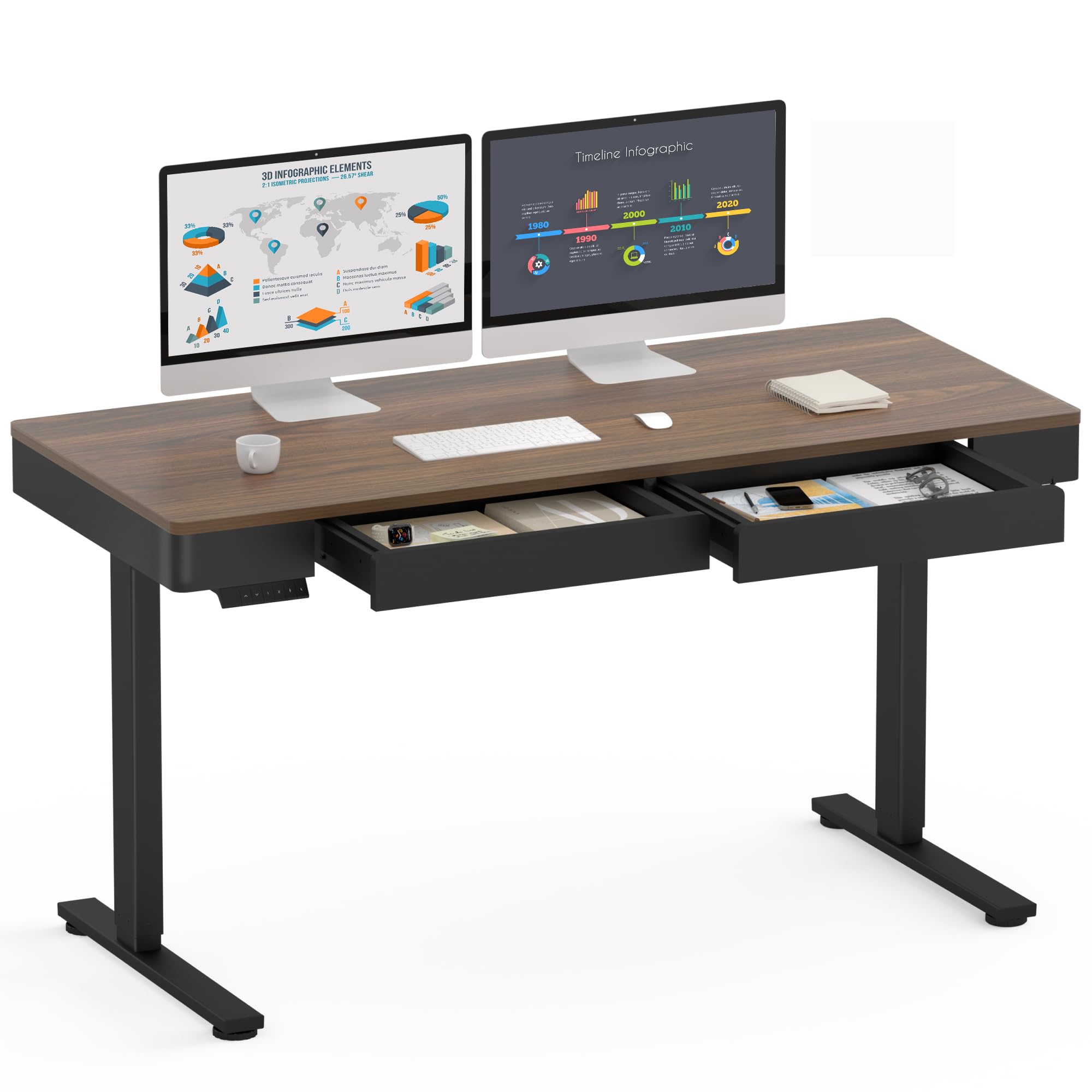 SANODESK Electric Standing Desk with 2 Drawers, 55 x 24 inch Height Adjustable Computer Desk, Home Office Stand Up Desk with 4 Preset Heights, Dark