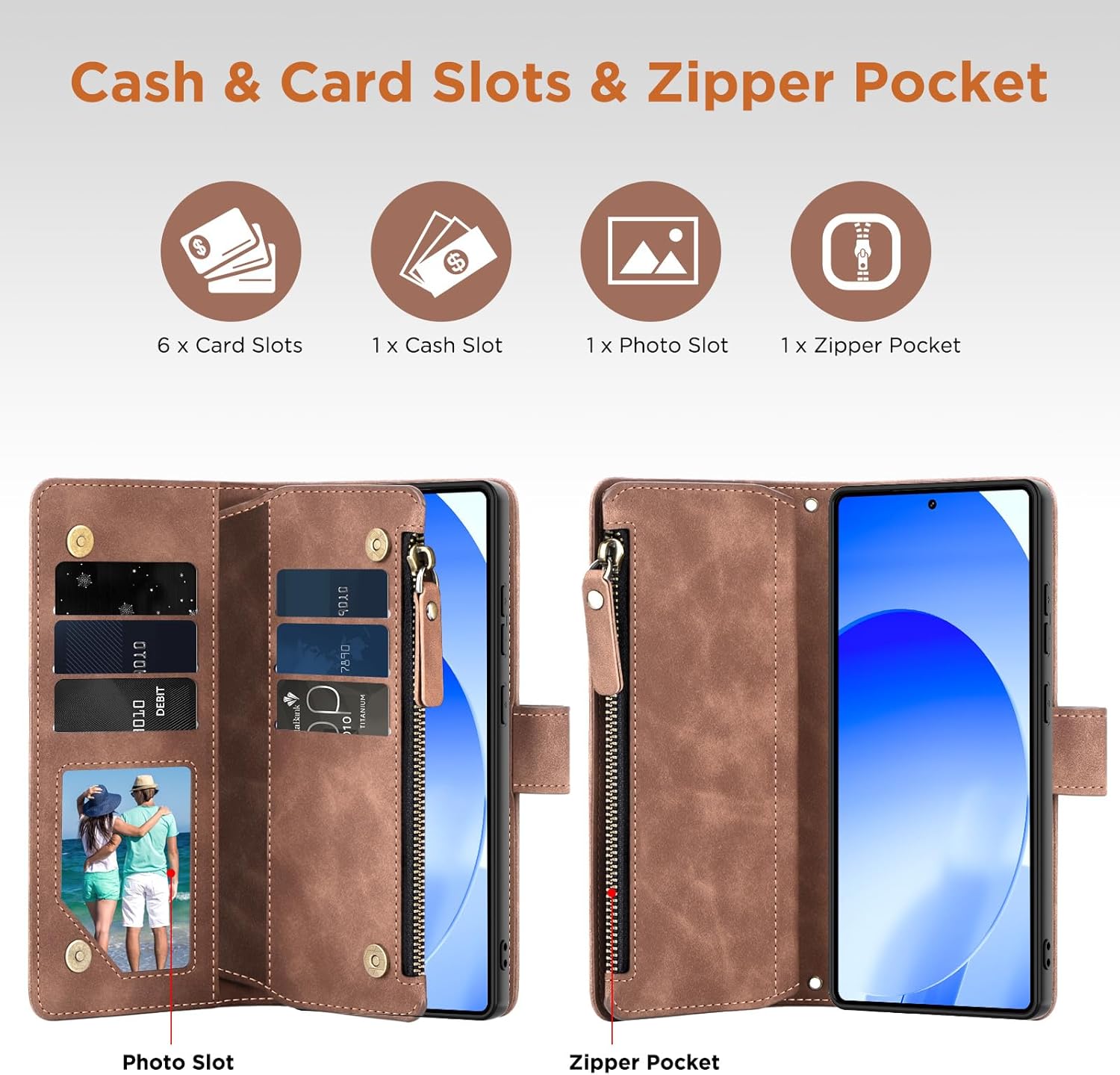 for Samsung Galaxy S26-Ultra-Wallet Case: with RFID Blocking Card Slots (6 Cards) | Soft PU Leather Magnetic Snap Zipper Pocket | Crossbody Wrist Strap Protective Phone Cover - Brown