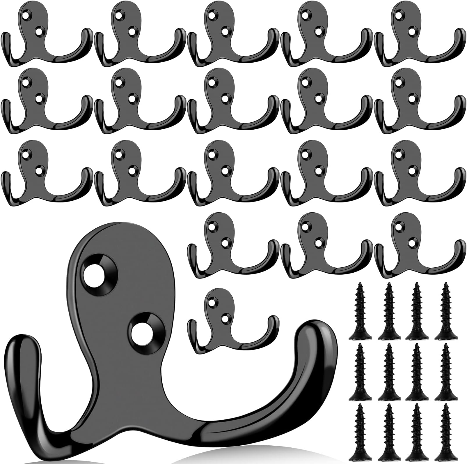 20 Pcs Coat Hooks,Heavy Duty Double Prong Hooks with 40 Screws,Wall Hooks Robe Hooks for Bathroom Kitchen Entryway,No Rust Wall Mounted Utility Hooks for Towel Key Bag Scarf Cup(Black)